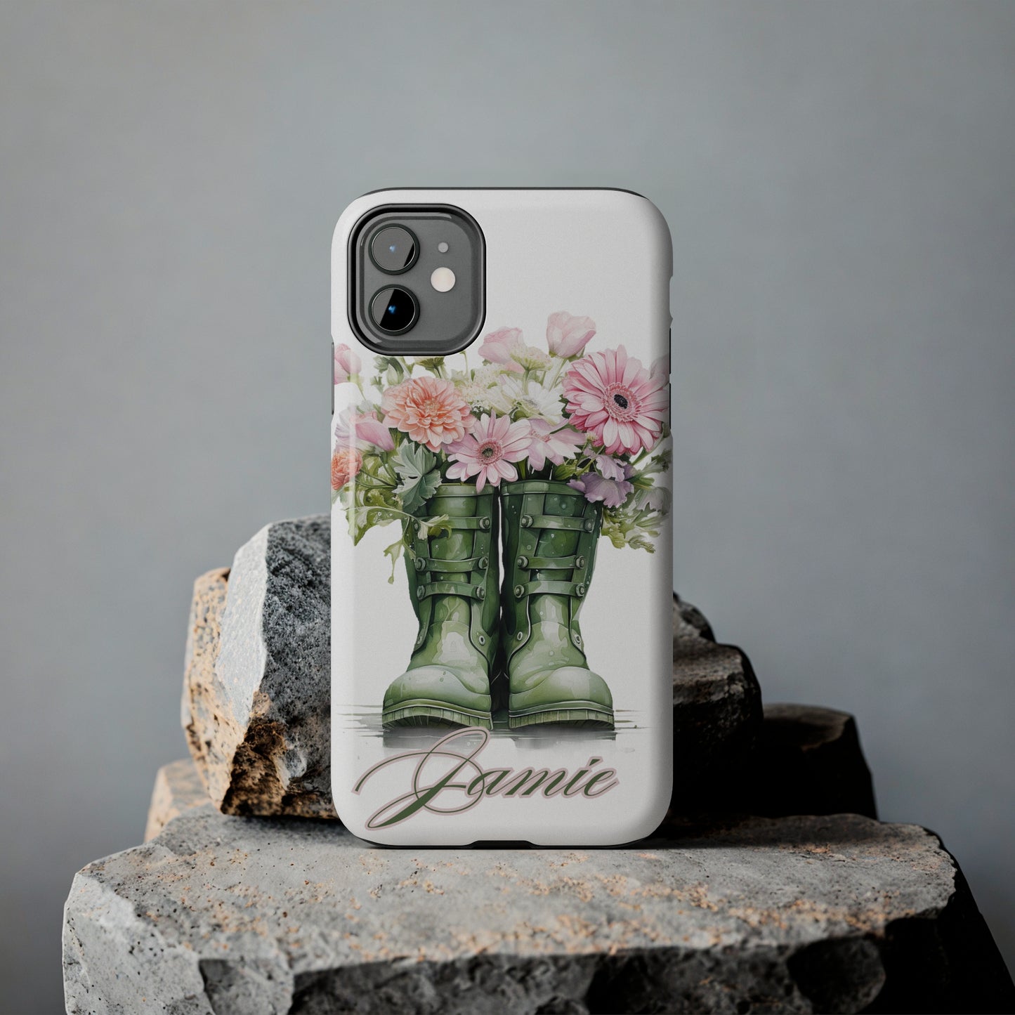 Custom green rainboots & flowers Mother's day personalized iPhone Case