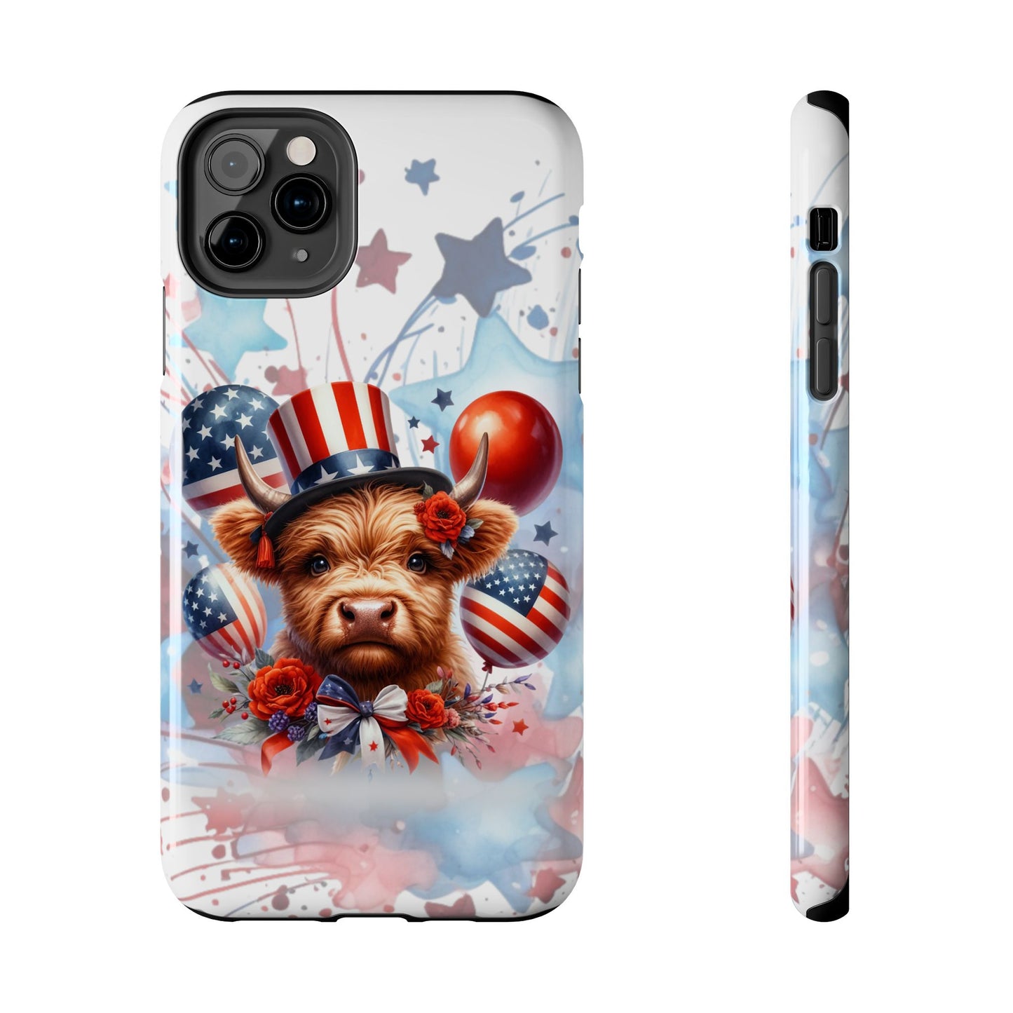 Summer 4th of July holiday Phone Case- Patriotic Highland Cow- iPhone compatible