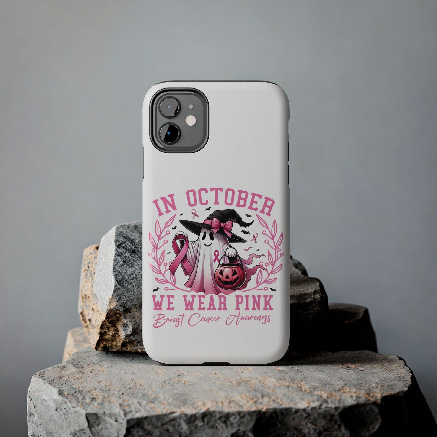 We wear pink in October Breast cancer awareness Halloween aesthetics iPhone case. Compatible with iPhone models 11-15 including all mini, plus, pro & pro max. Custom phone case for smartphones. design for Girls, Woman