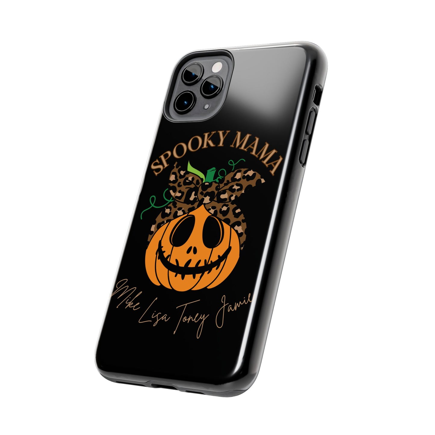 Custom Halloween Spooky Mama personalized iPhone case. Compatible with iPhone models 11, 12, 13, 14, 15 including all mini, plus, pro & pro max