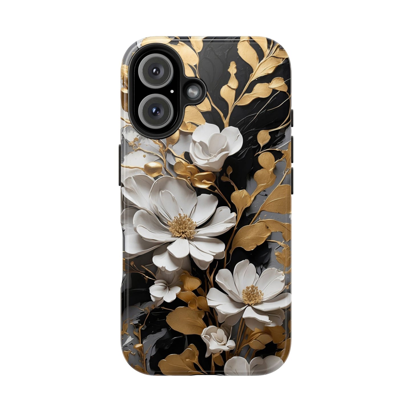 Black & gold floral iPhone Cover, flower Accessory, Cute Phone Protector, seasonal Tech