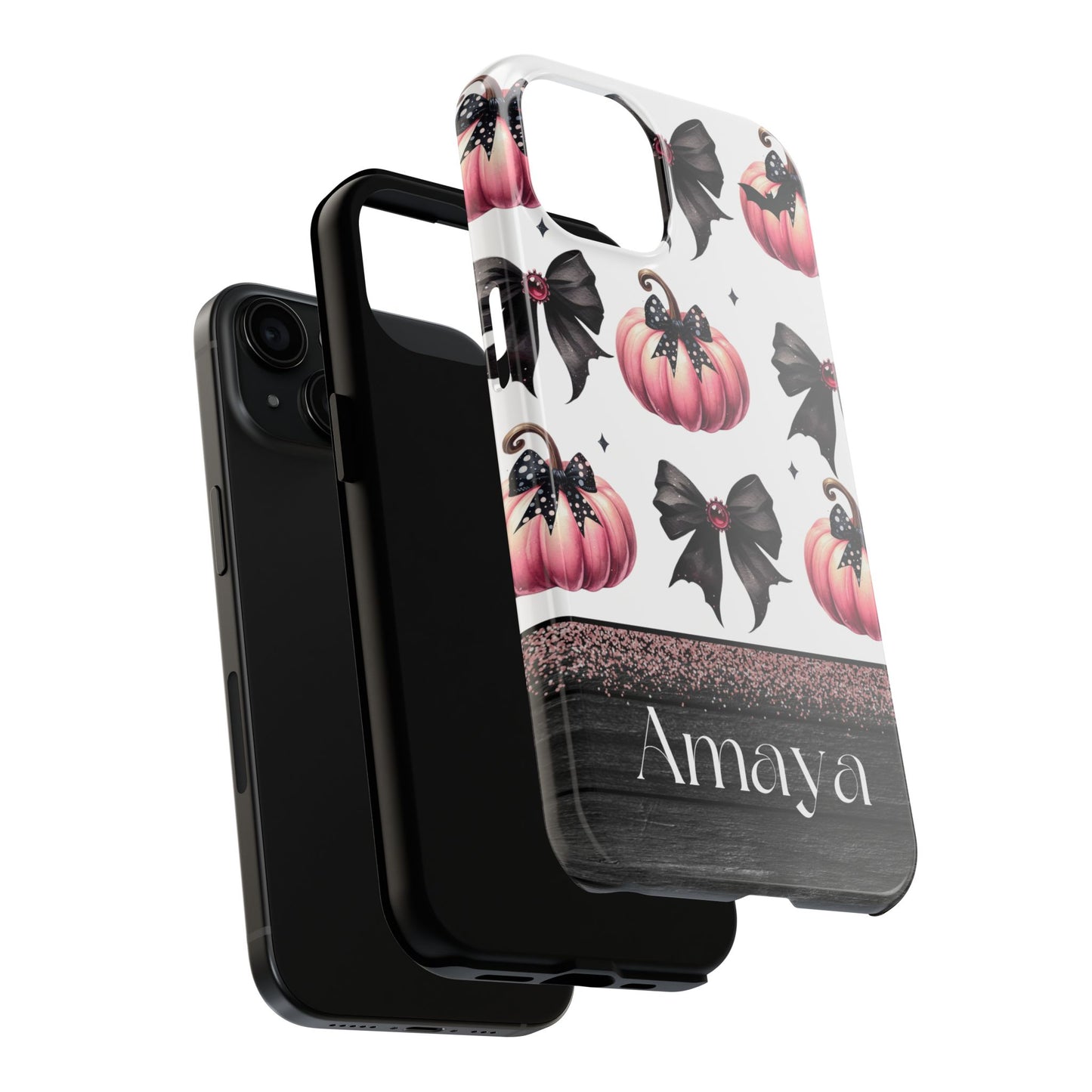 Custom pink & black Halloween bows personalized iPhone case. Compatible with iPhone models 11, 12, 13, 14, 15 including all mini, plus, pro & pro max