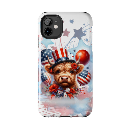 Summer 4th of July holiday Phone Case- Patriotic Highland Cow- iPhone compatible