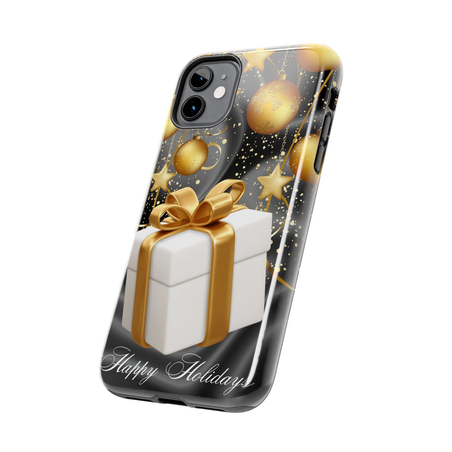 Black & gold Happy Holiday iPhone case. Compatible with iPhone models 11-16 including all mini, plus, pro & pro max. Custom phone case for smartphones. design for Girls, Woman