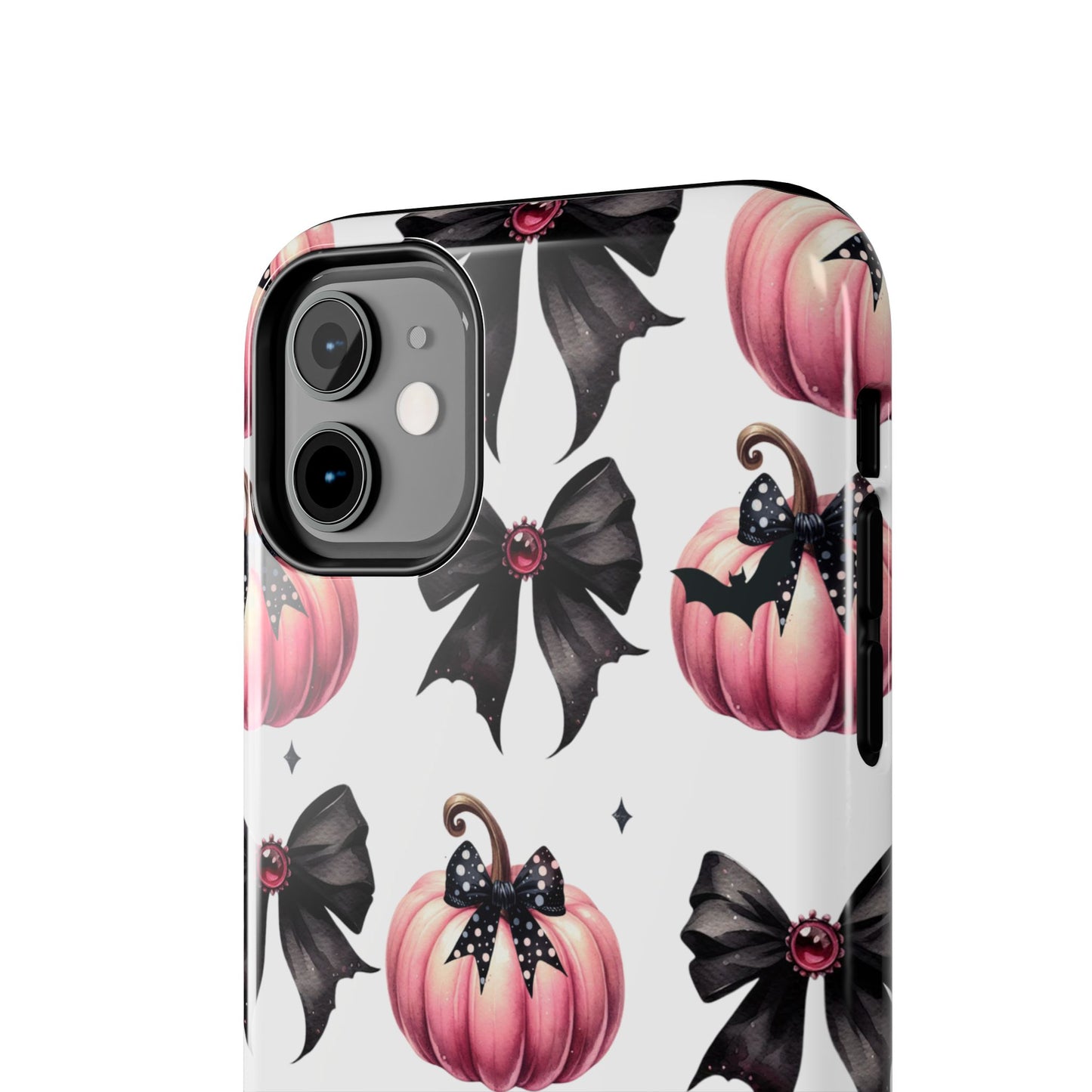 Custom pink & black Halloween bows personalized iPhone case. Compatible with iPhone models 11, 12, 13, 14, 15 including all mini, plus, pro & pro max