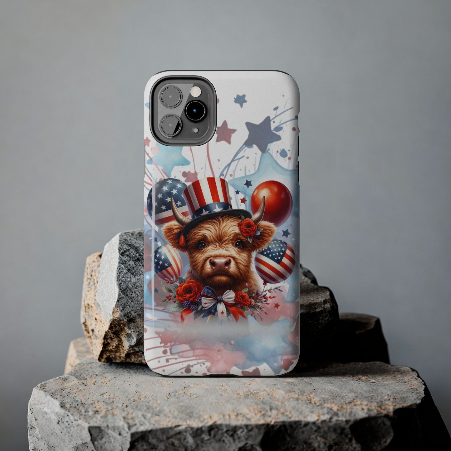 Summer 4th of July holiday Phone Case- Patriotic Highland Cow- iPhone compatible