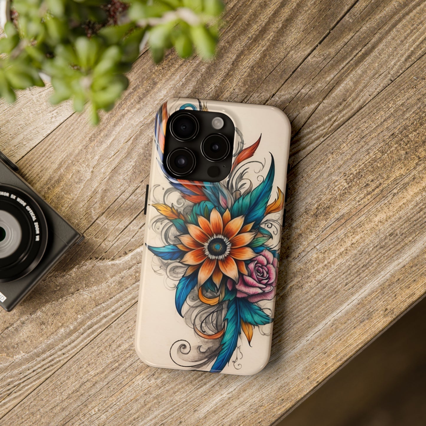 Tattoo style floral iPhone Cover, flower Accessory, Cute Phone Protector, aesthetic Tech