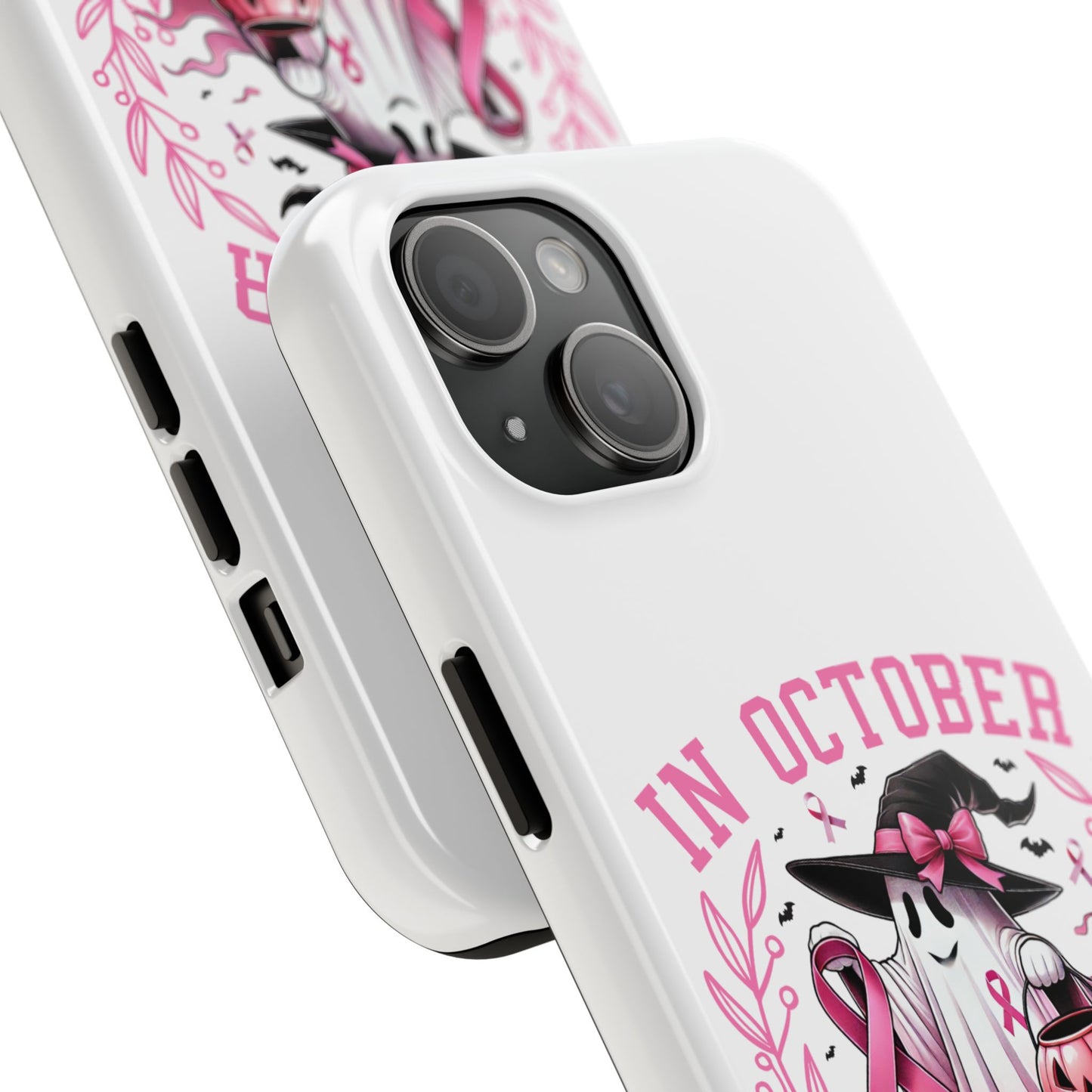 We wear pink in October Breast cancer awareness Halloween aesthetics iPhone case. Compatible with iPhone models 11-15 including all mini, plus, pro & pro max. Custom phone case for smartphones. design for Girls, Woman