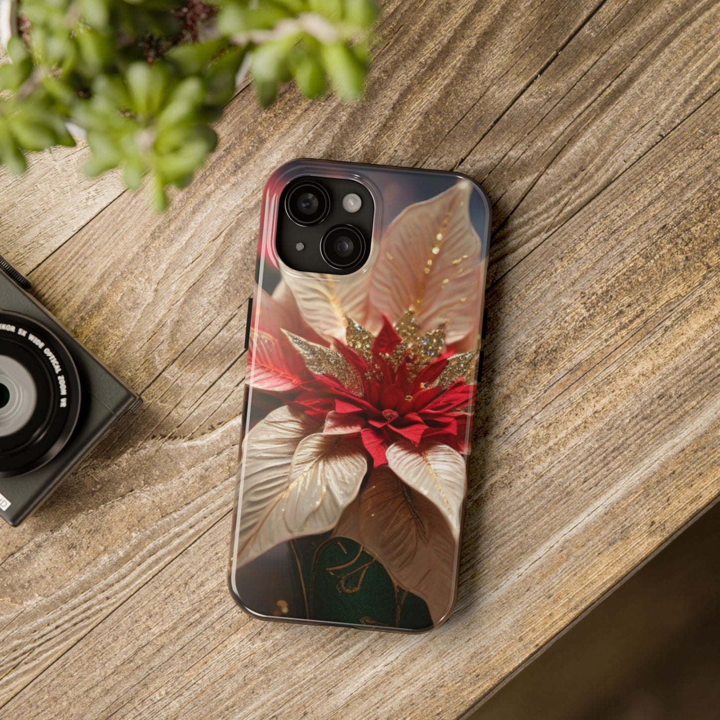 Christmas poinsettia floral iPhone case. Compatible with iPhone models 11-16 including all mini, plus, pro & pro max. Custom phone case for smartphones. design for Girls, Woman