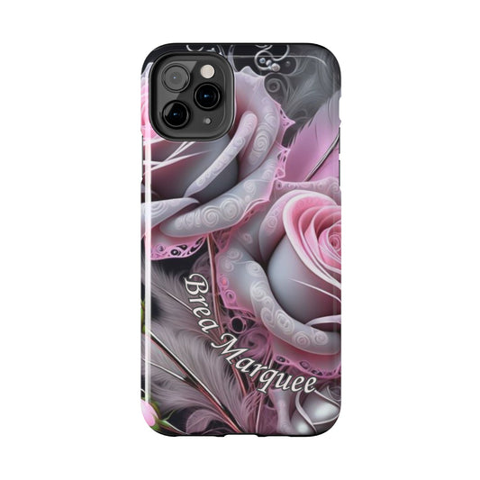 Custom pink & grey rose personalized iPhone case. Compatible with iPhone models 11, 12, 13, 14, 15 including all mini, plus, pro & pro max