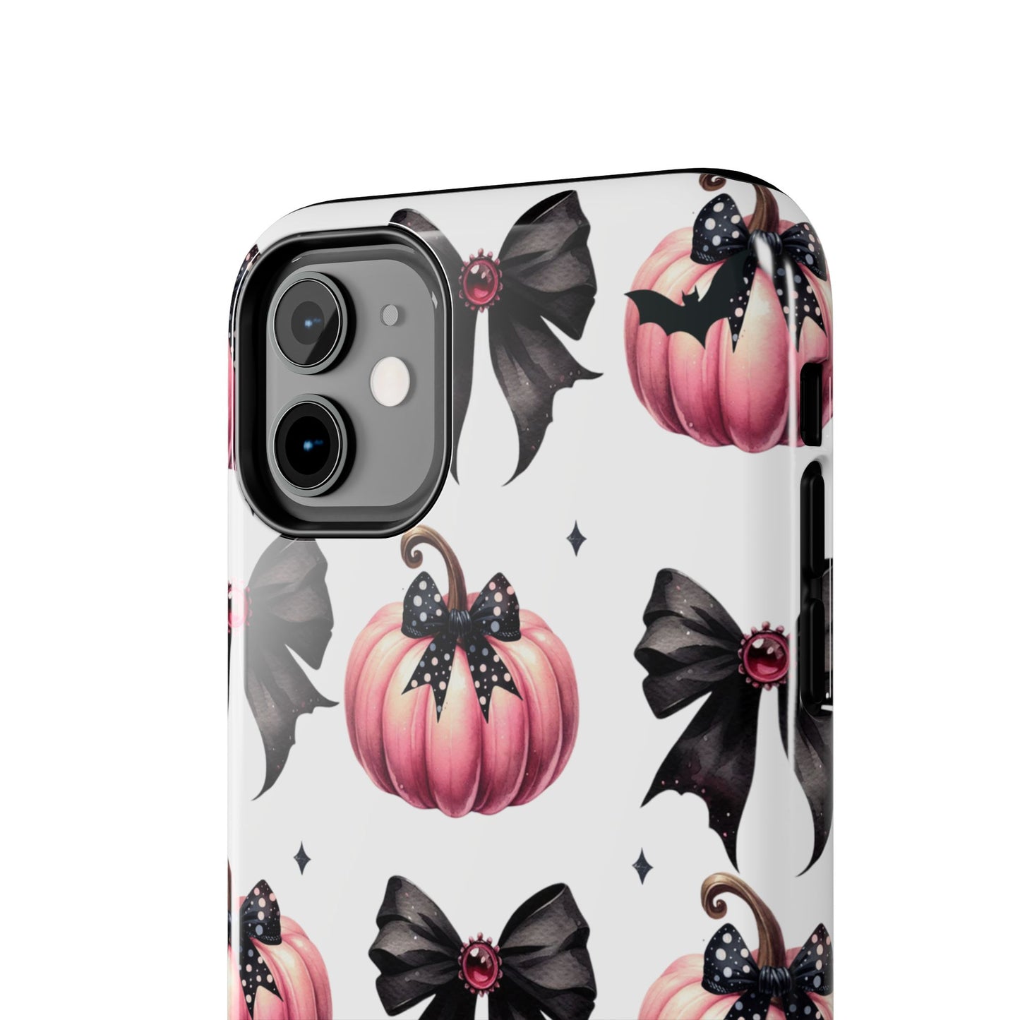 Custom pink & black Halloween bows personalized iPhone case. Compatible with iPhone models 11, 12, 13, 14, 15 including all mini, plus, pro & pro max