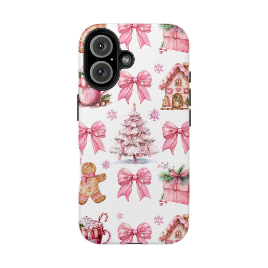 Vintage pink Christmas croquet bows iPhone case. Compatible with iPhone models 11-16 including all mini, plus, pro & pro max