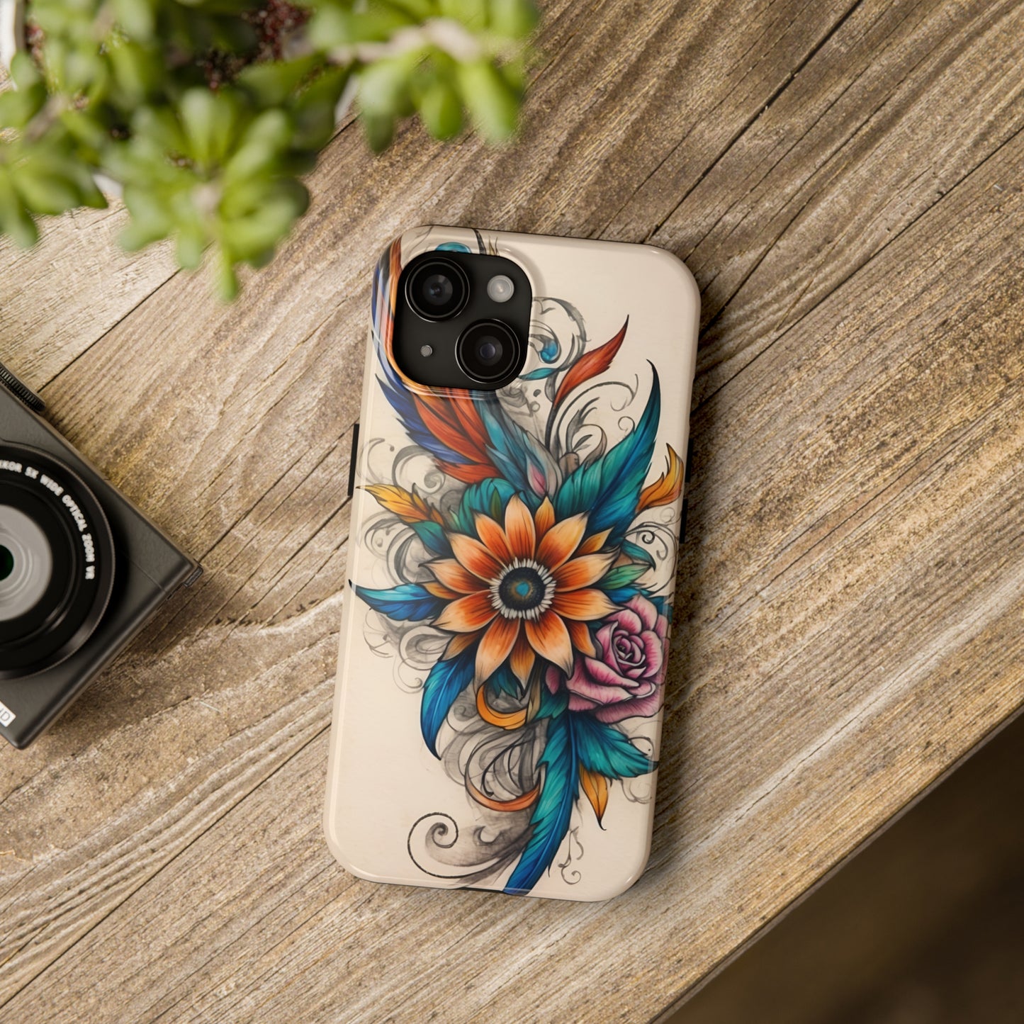 Tattoo style floral iPhone Cover, flower Accessory, Cute Phone Protector, aesthetic Tech