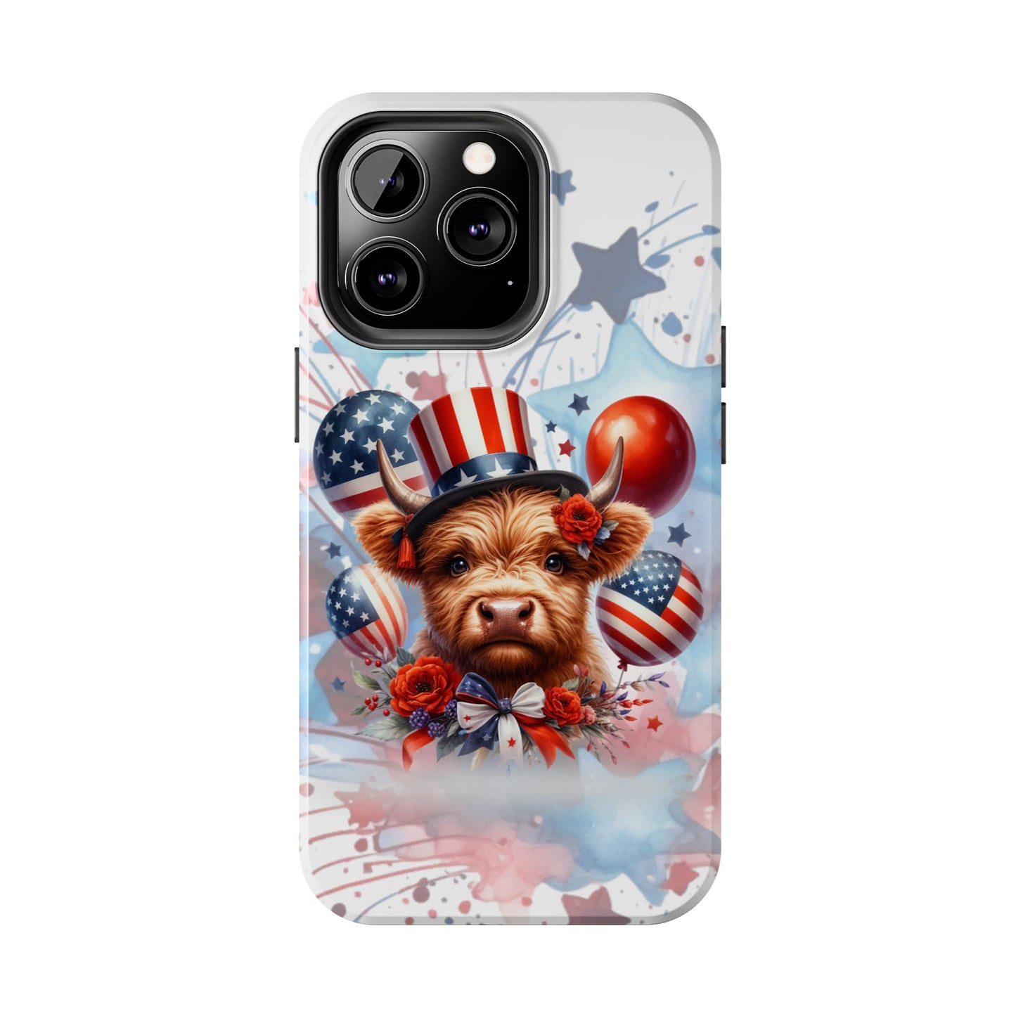 Summer 4th of July holiday Phone Case- Patriotic Highland Cow- iPhone compatible
