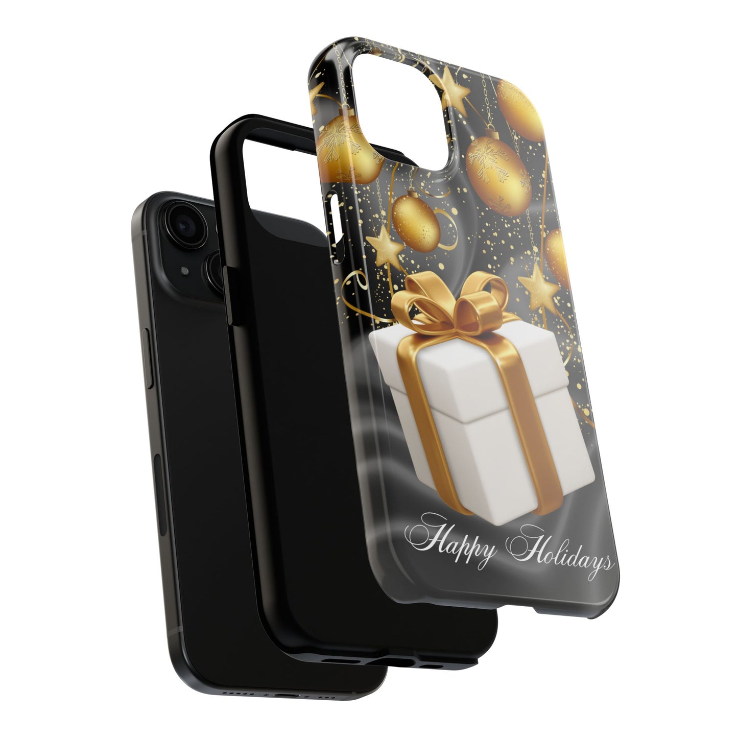 Black & gold Happy Holiday iPhone case. Compatible with iPhone models 11-16 including all mini, plus, pro & pro max. Custom phone case for smartphones. design for Girls, Woman