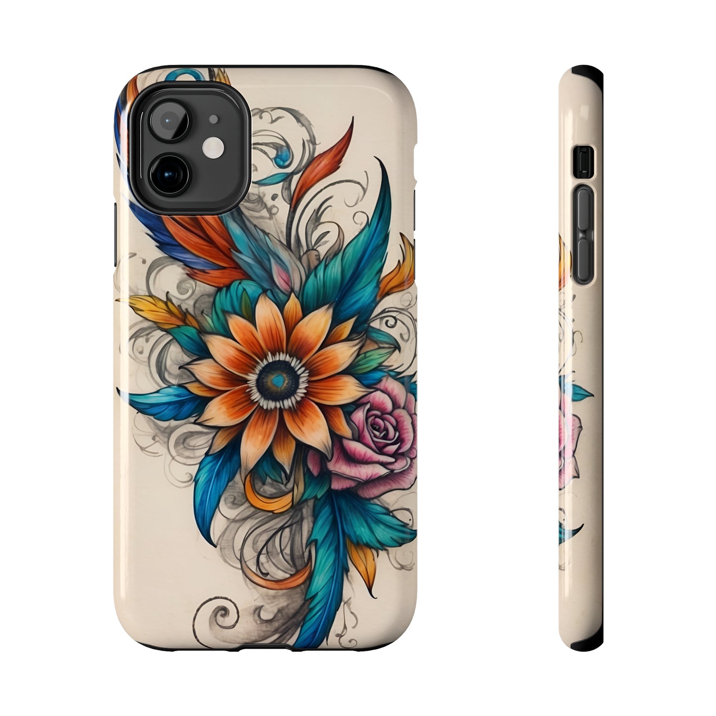 Tattoo style floral iPhone Cover, flower Accessory, Cute Phone Protector, aesthetic Tech