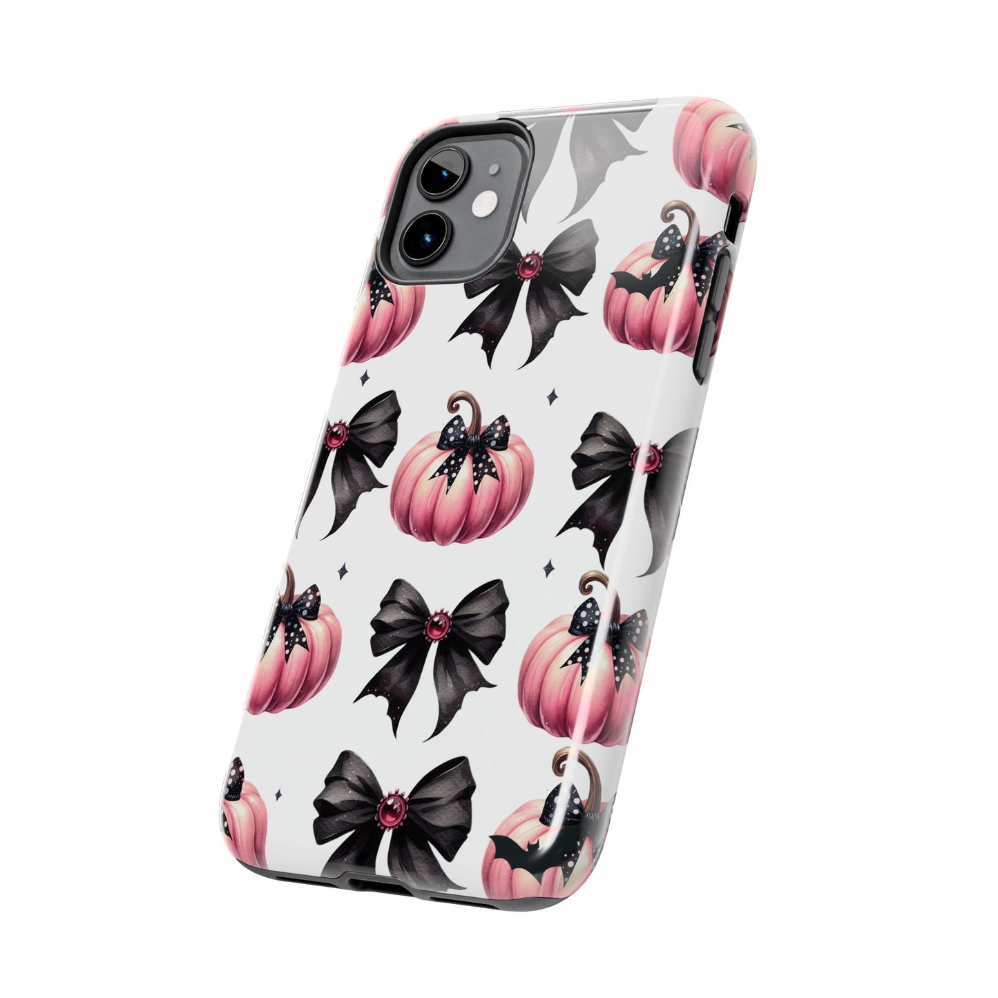 Custom pink & black Halloween bows personalized iPhone case. Compatible with iPhone models 11, 12, 13, 14, 15 including all mini, plus, pro & pro max