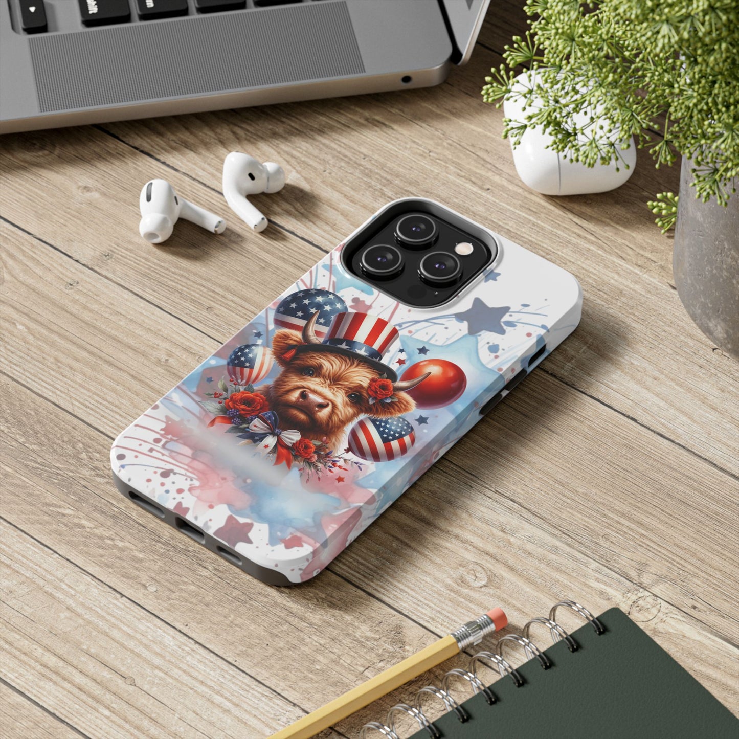Summer 4th of July holiday Phone Case- Patriotic Highland Cow- iPhone compatible