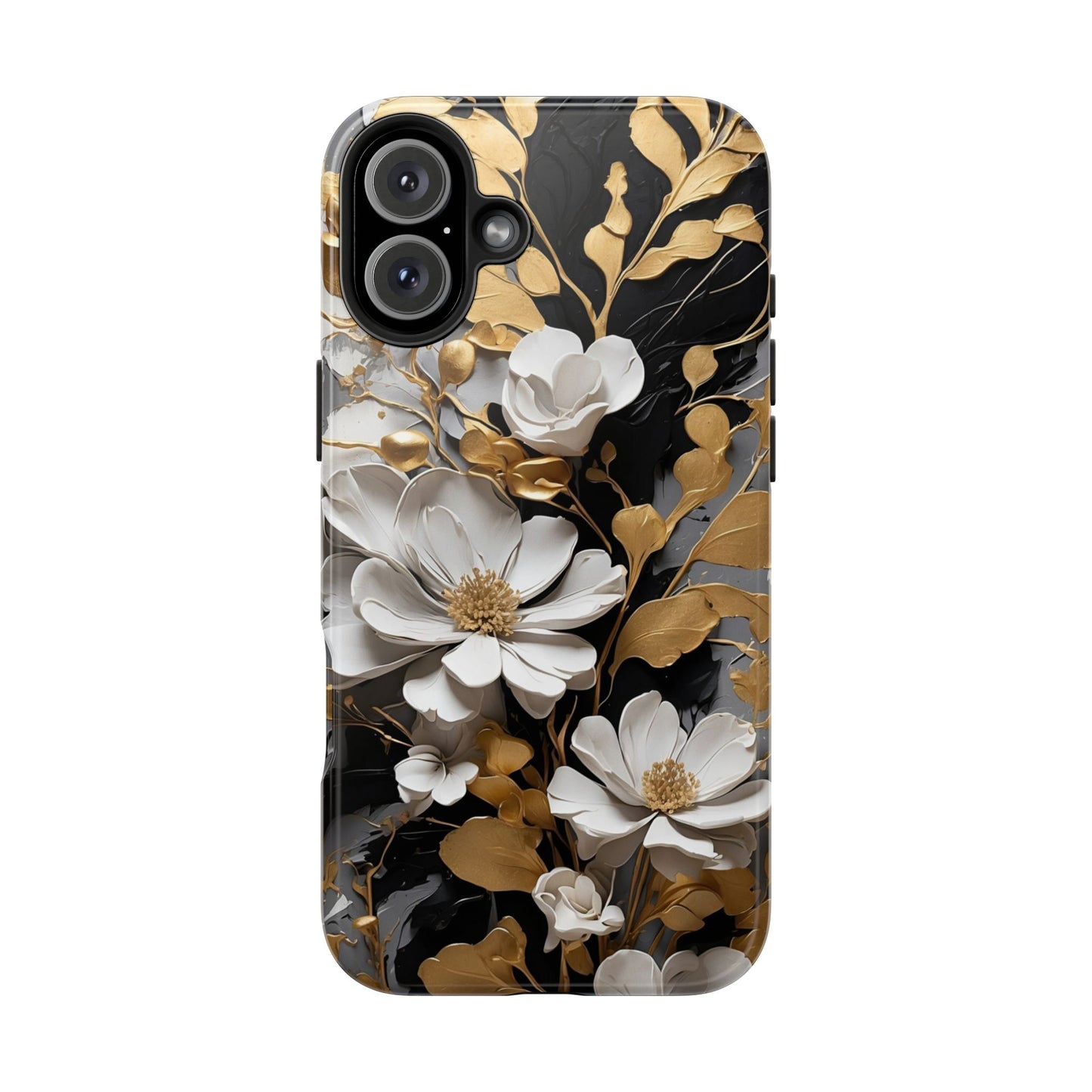 Black & gold floral iPhone Cover, flower Accessory, Cute Phone Protector, seasonal Tech