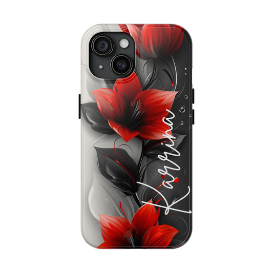 Beautiful red & black floral personalized name iPhone case. Compatible with iPhone models 11-15 including all mini, plus, pro & pro max. Custom phone case for smartphones. design for Girls, Woman