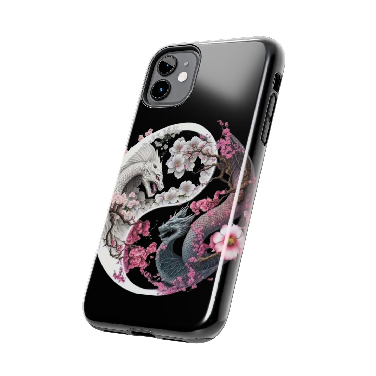 Floral dragons iPhone case. Compatible with iPhone models 11, 12, 13, 14, 15 including all mini, plus, pro & pro max