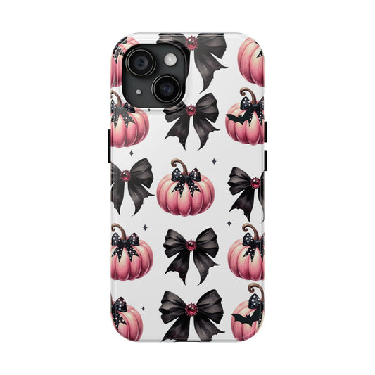 Custom pink & black Halloween bows personalized iPhone case. Compatible with iPhone models 11, 12, 13, 14, 15 including all mini, plus, pro & pro max