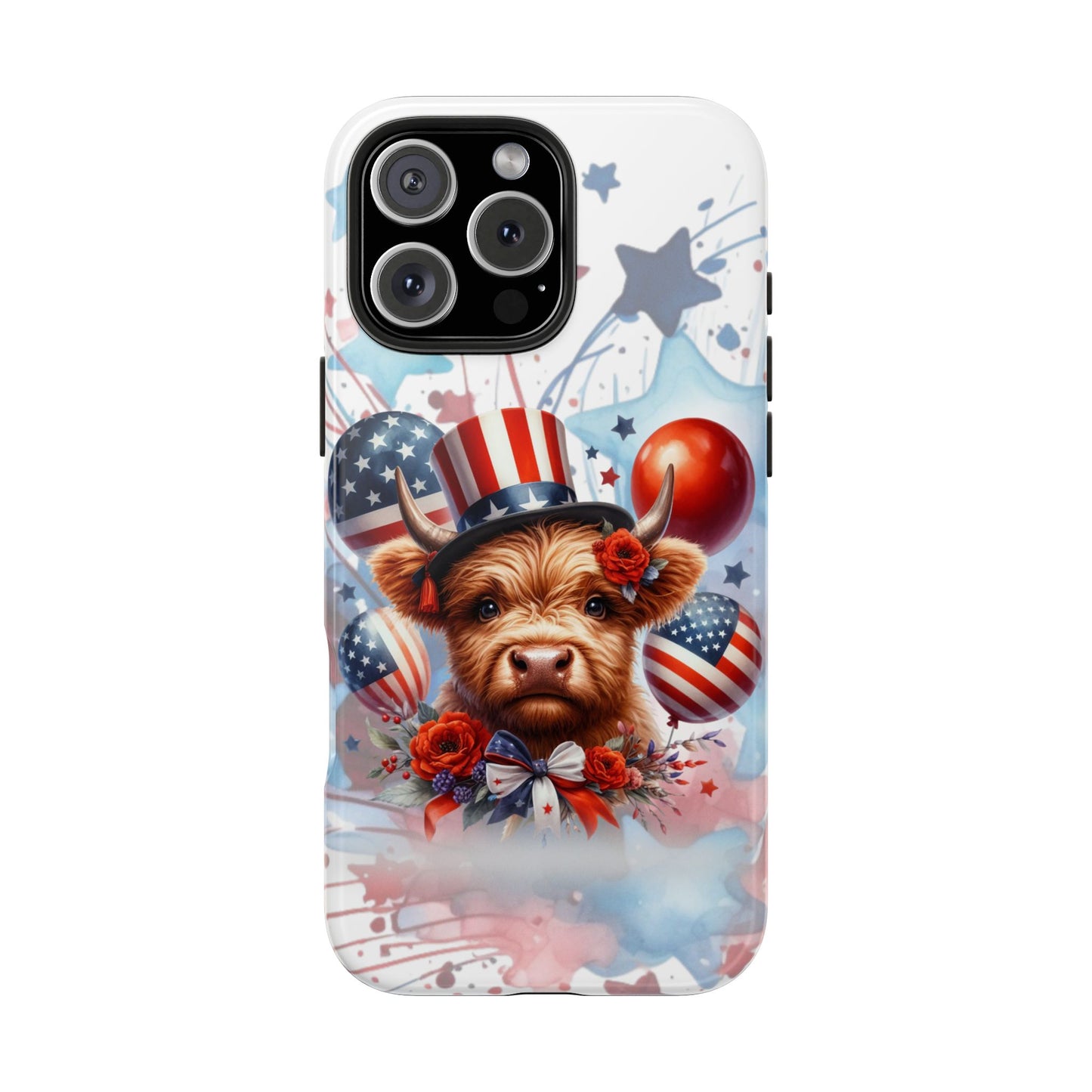 Summer 4th of July holiday Phone Case- Patriotic Highland Cow- iPhone compatible