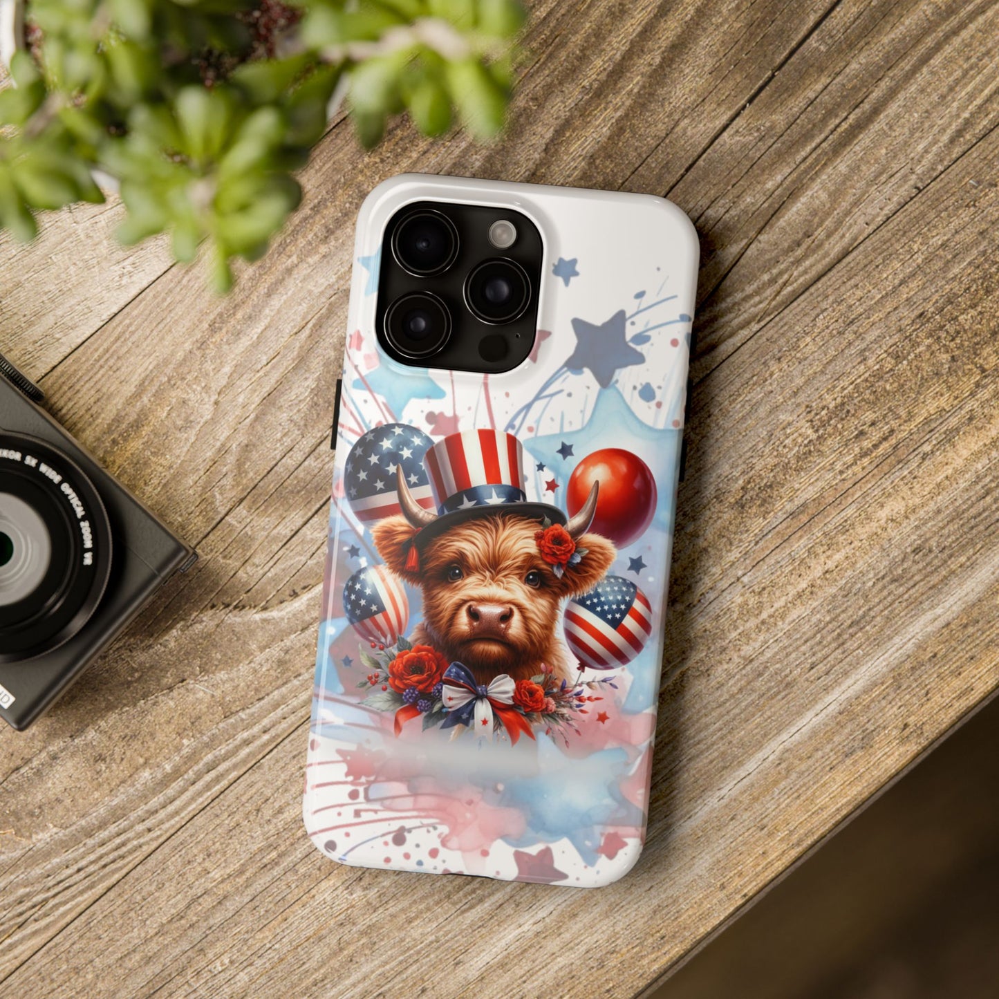 Summer 4th of July holiday Phone Case- Patriotic Highland Cow- iPhone compatible