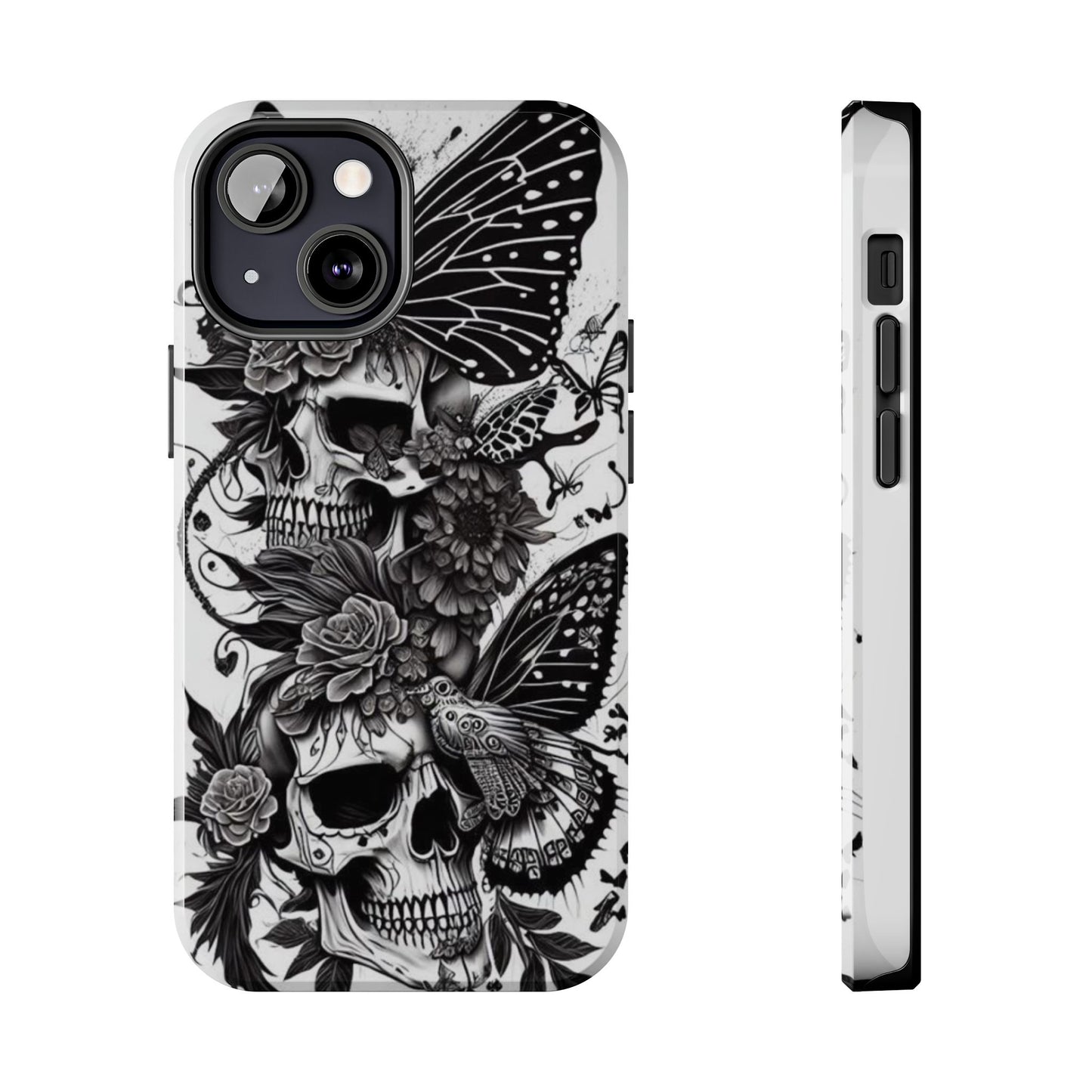 Skulls & butterfly's iPhone case. Compatible with iPhone models 11-15 including all mini, plus, pro & pro max