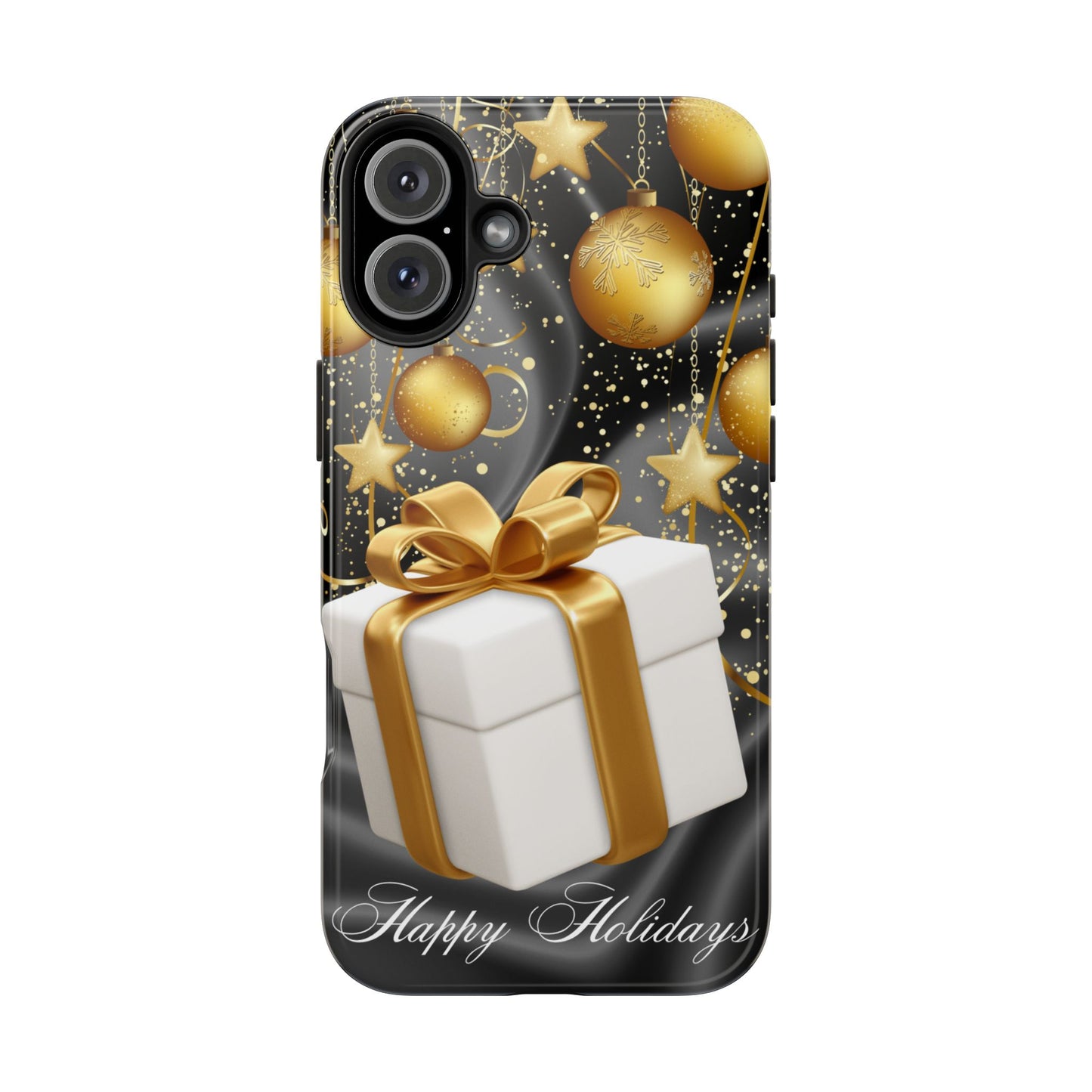 Black & gold Happy Holiday iPhone case. Compatible with iPhone models 11-16 including all mini, plus, pro & pro max. Custom phone case for smartphones. design for Girls, Woman