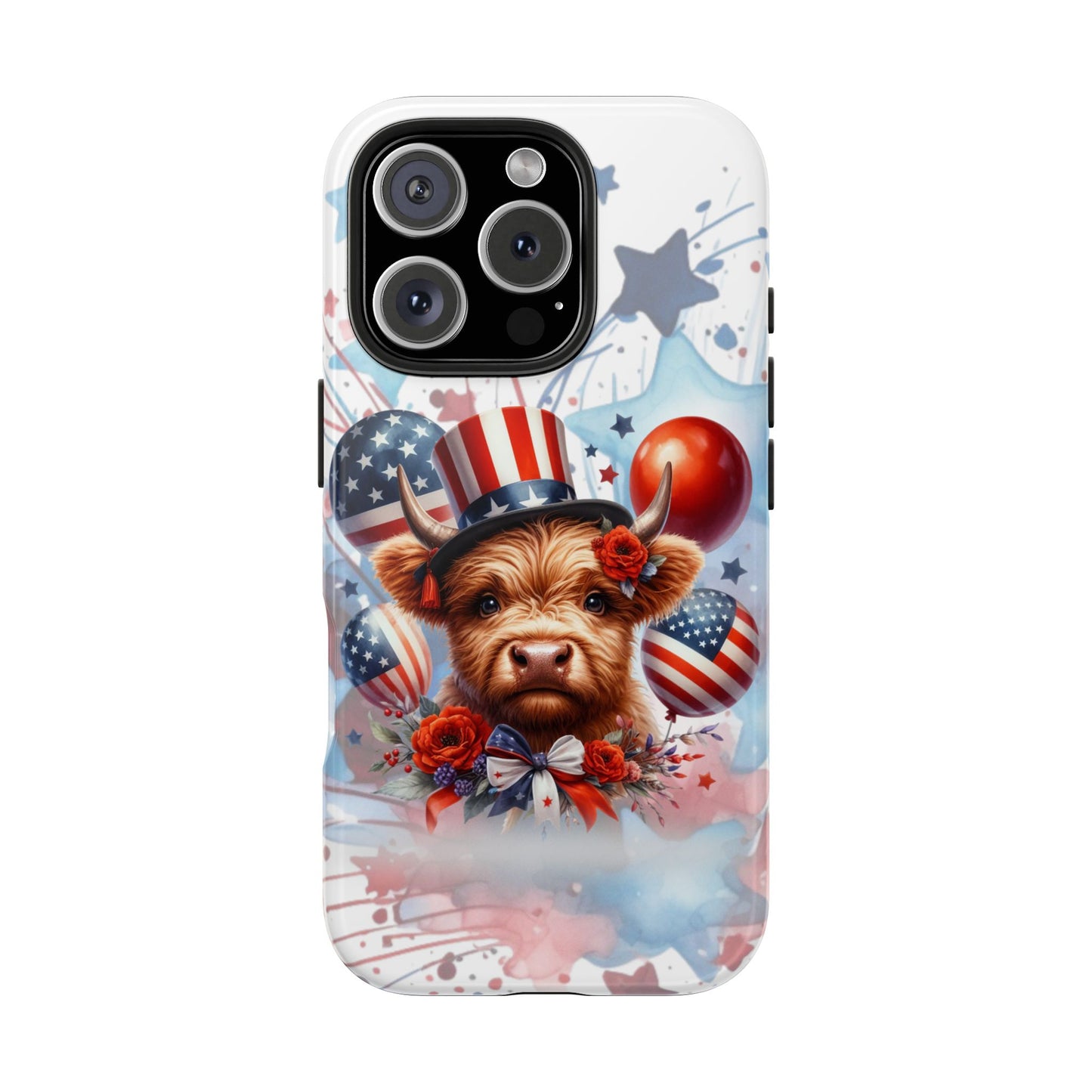 Summer 4th of July holiday Phone Case- Patriotic Highland Cow- iPhone compatible