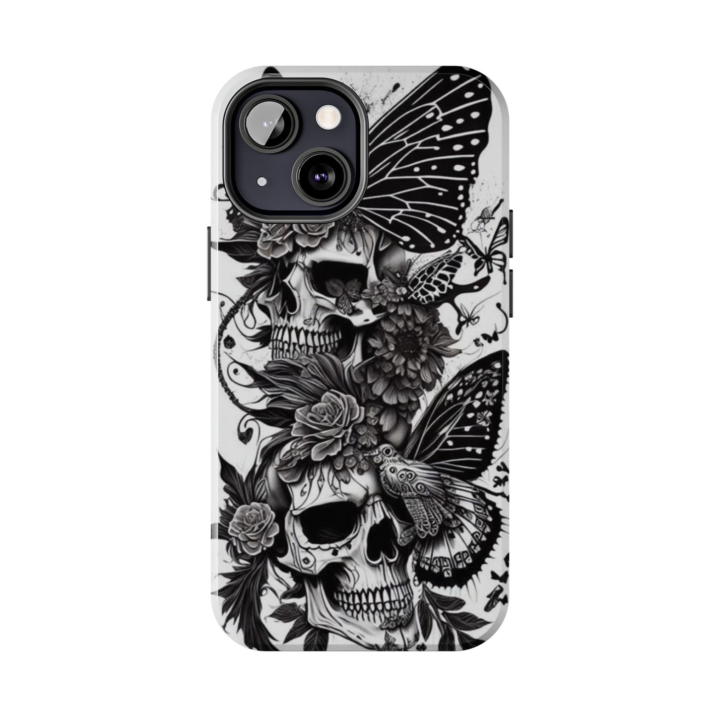 Skulls & butterfly's iPhone case. Compatible with iPhone models 11-15 including all mini, plus, pro & pro max