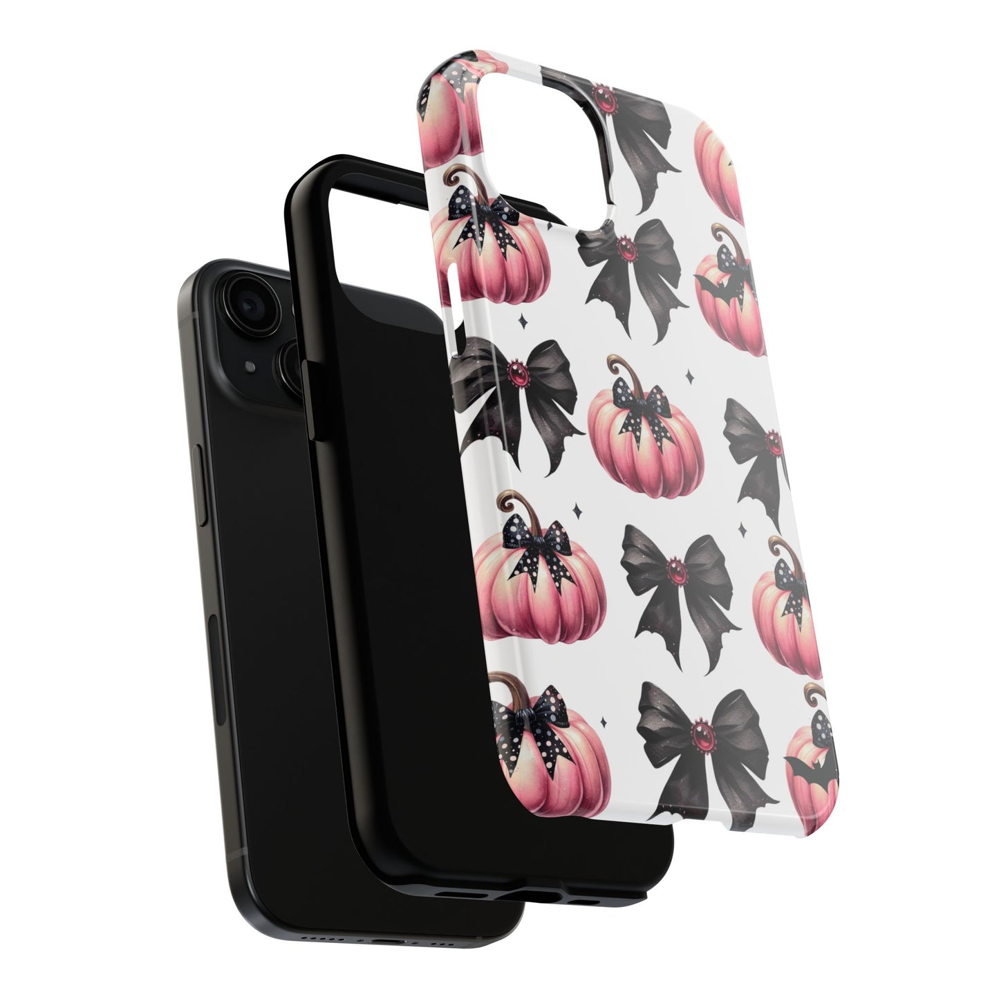 Custom pink & black Halloween bows personalized iPhone case. Compatible with iPhone models 11, 12, 13, 14, 15 including all mini, plus, pro & pro max