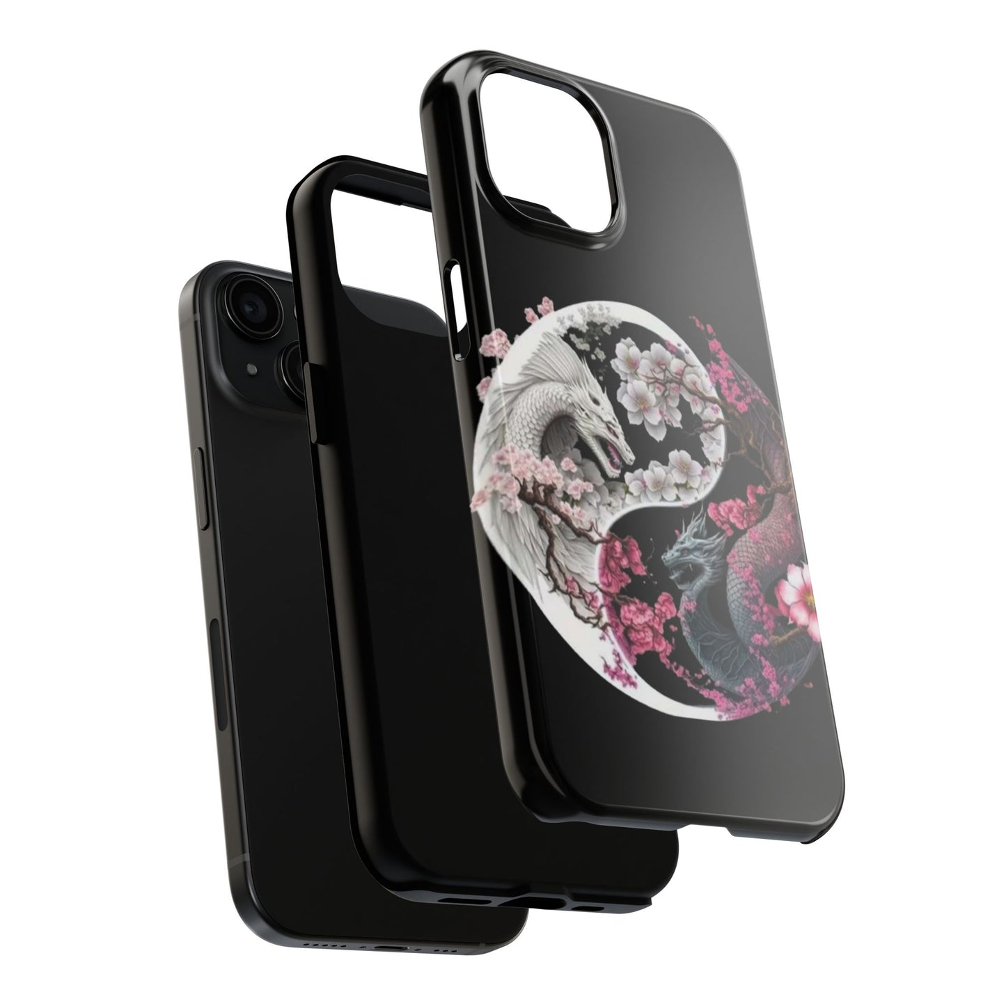 Floral dragons iPhone case. Compatible with iPhone models 11, 12, 13, 14, 15 including all mini, plus, pro & pro max