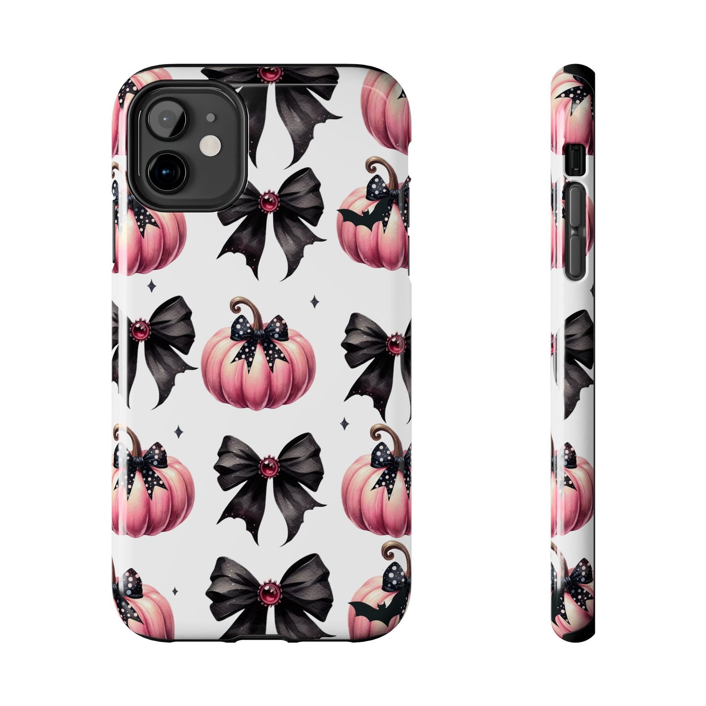 Custom pink & black Halloween bows personalized iPhone case. Compatible with iPhone models 11, 12, 13, 14, 15 including all mini, plus, pro & pro max