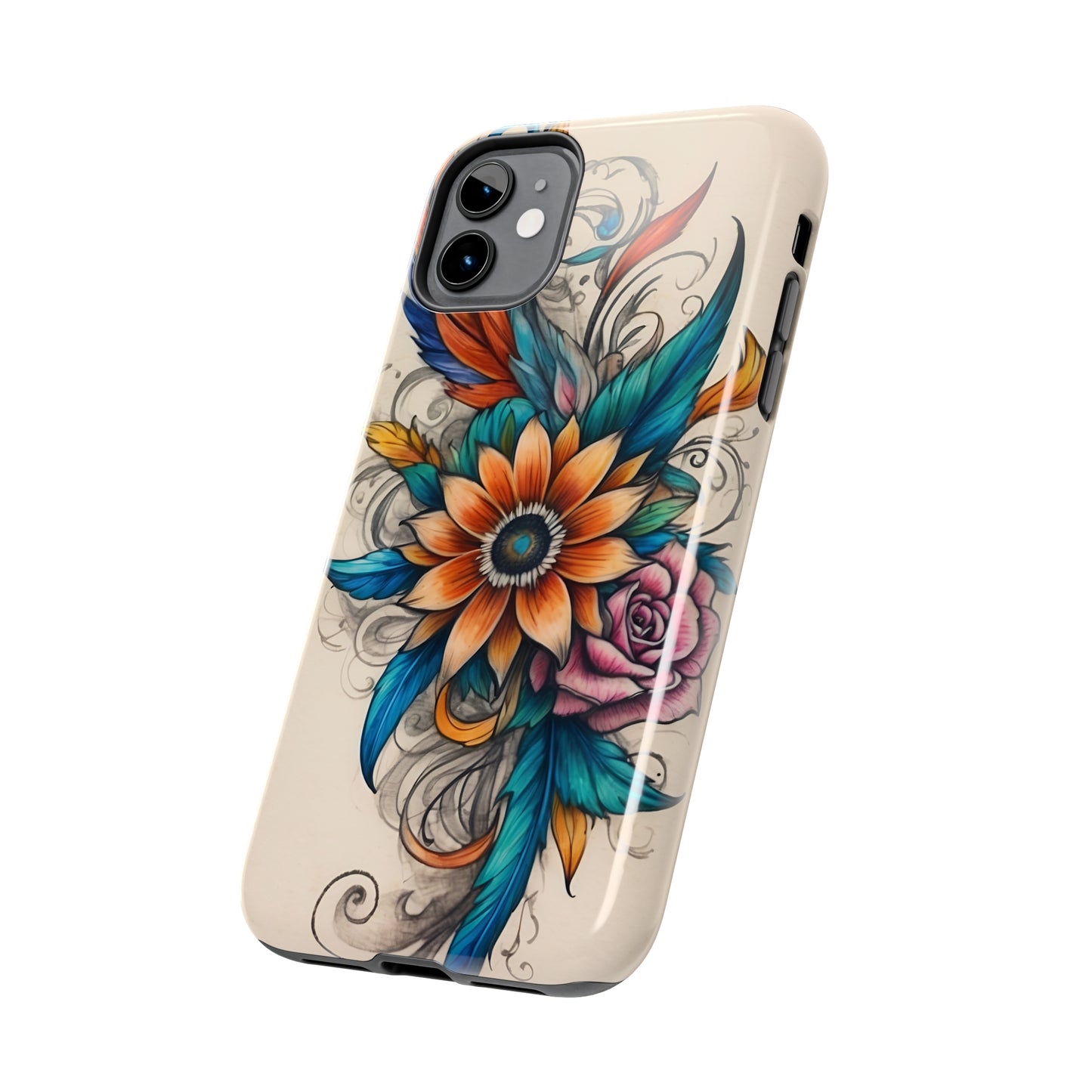 Tattoo style floral iPhone Cover, flower Accessory, Cute Phone Protector, aesthetic Tech