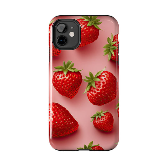 Strawberries & cream summer aesthetics iPhone case. Compatible with iPhone models 11-15 including all mini, plus, pro & pro max. Custom phone case for smartphones. design for Girls, Woman