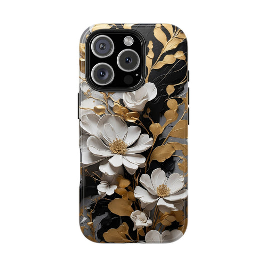 Black & gold floral iPhone Cover, flower Accessory, Cute Phone Protector, seasonal Tech