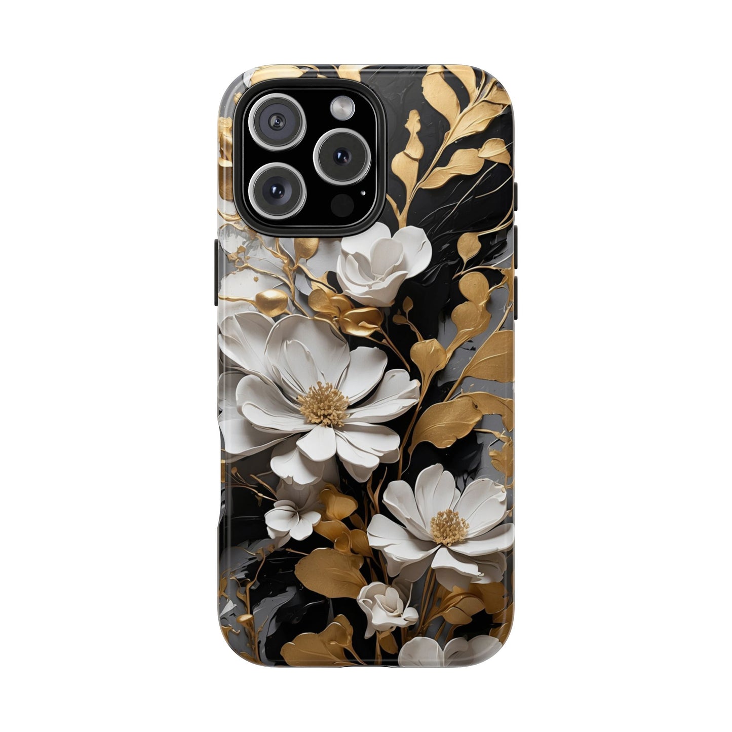 Black & gold floral iPhone Cover, flower Accessory, Cute Phone Protector, seasonal Tech