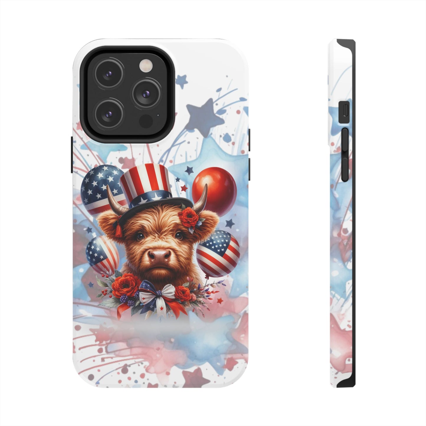 Summer 4th of July holiday Phone Case- Patriotic Highland Cow- iPhone compatible