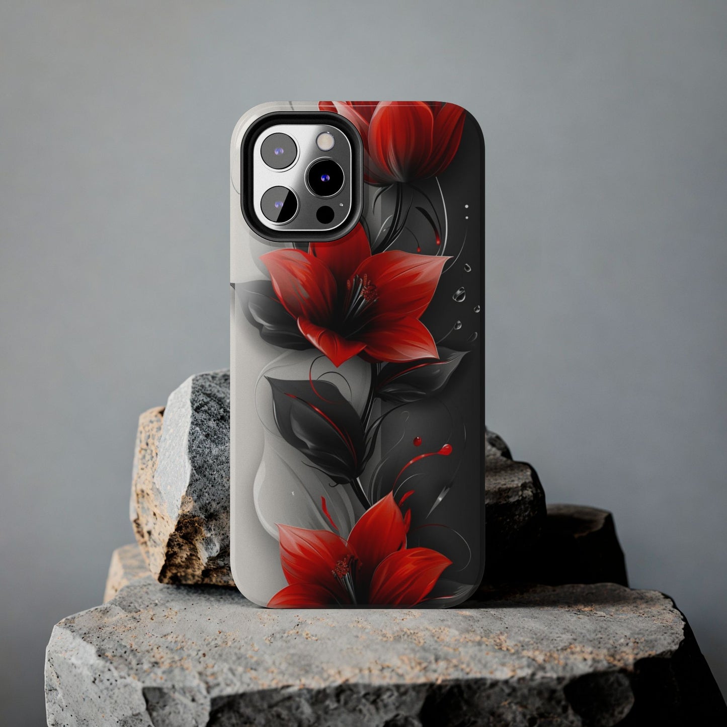 Red & black floral iPhone Cover, flower Accessory, Cute Phone Protector, seasonal Tech