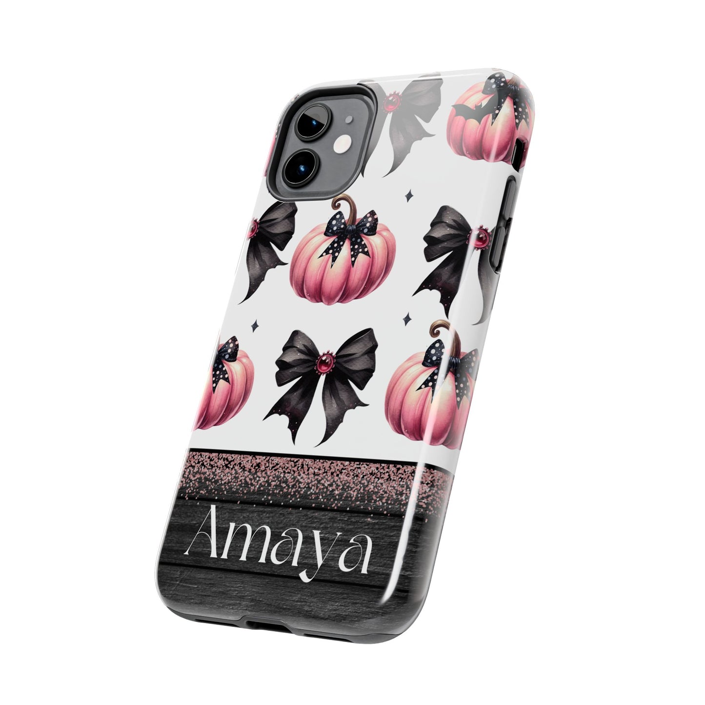 Custom pink & black Halloween bows personalized iPhone case. Compatible with iPhone models 11, 12, 13, 14, 15 including all mini, plus, pro & pro max