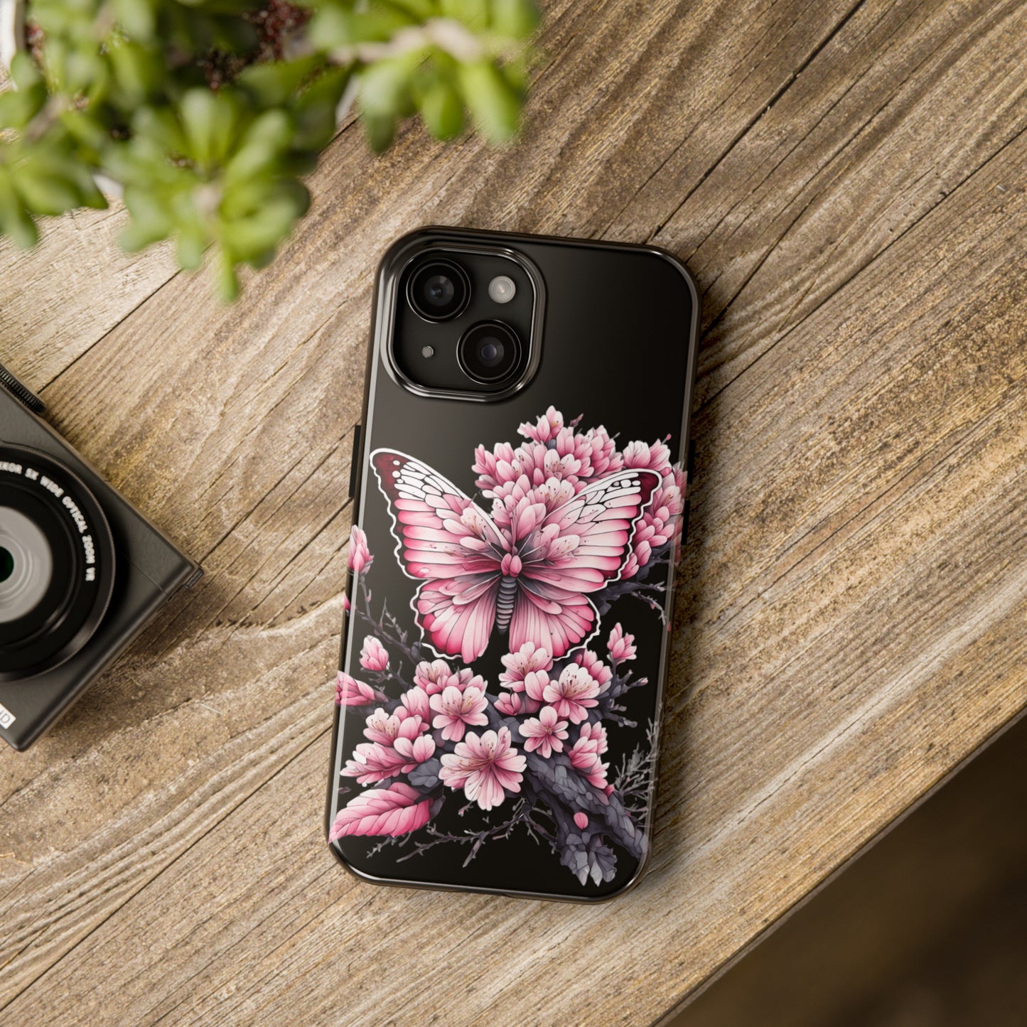 Pink & black butterfly Tough Phone Case iPhone 15 accessories