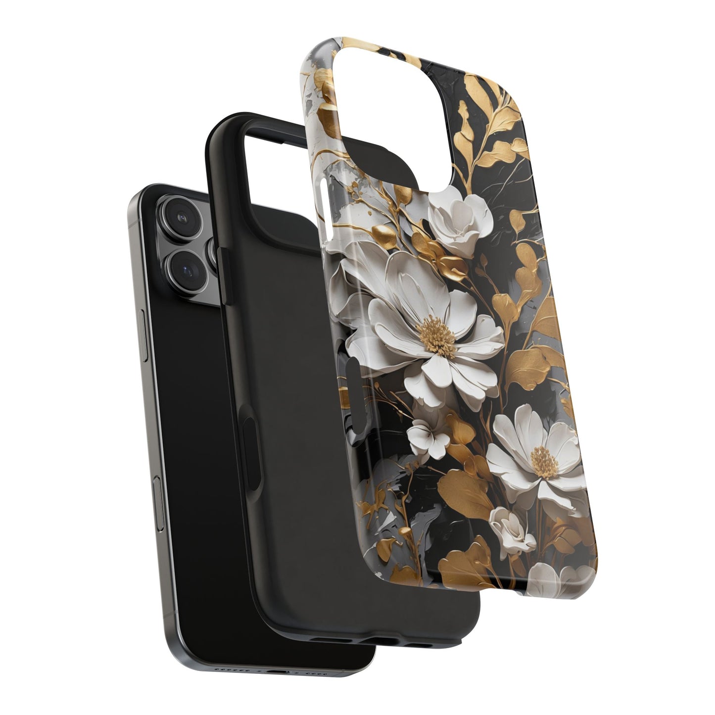 Black & gold floral iPhone Cover, flower Accessory, Cute Phone Protector, seasonal Tech