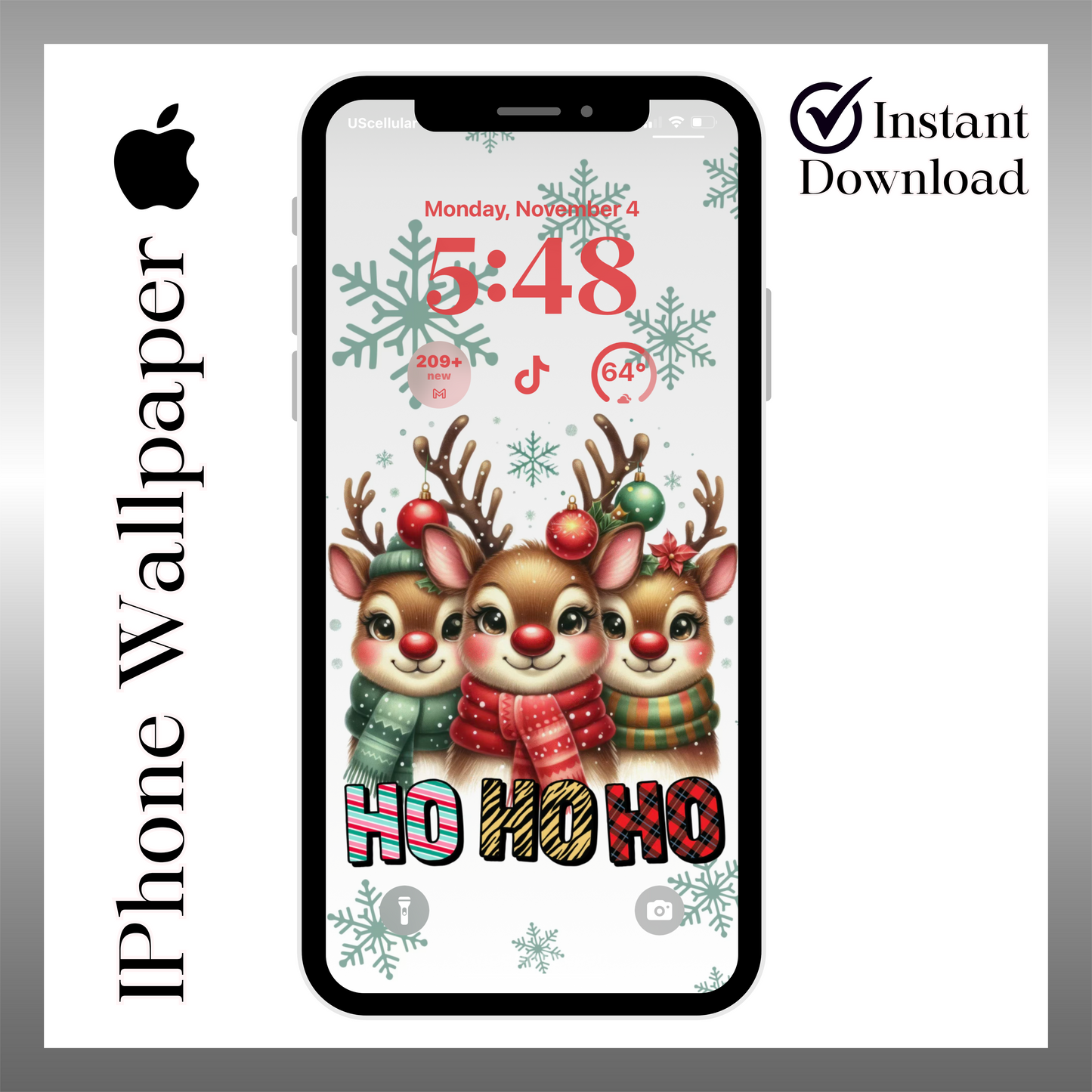 Christmas girly reindeer iPhone wallpaper iPhone/iPad lock screen art digital download