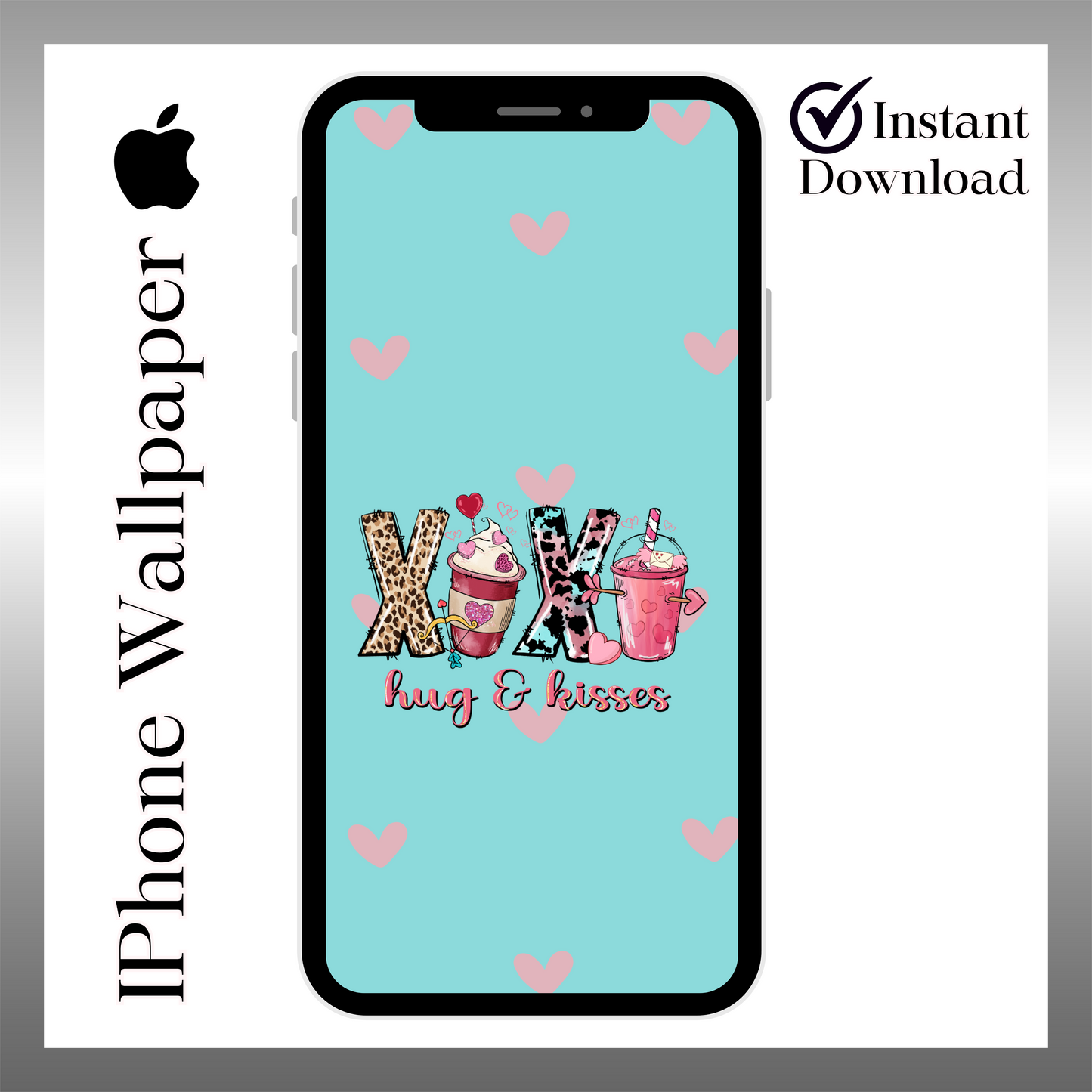 Hugs & Kisses-iPhone wallpaper-Valentines Phone lock screen art- digital download