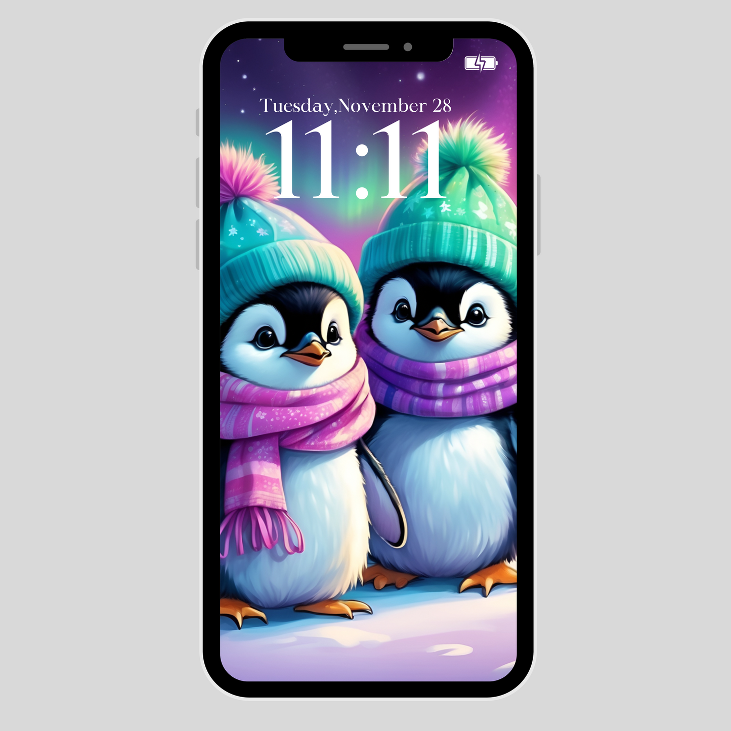 IPhone wallpaper/ northern lights penguins/ instant download