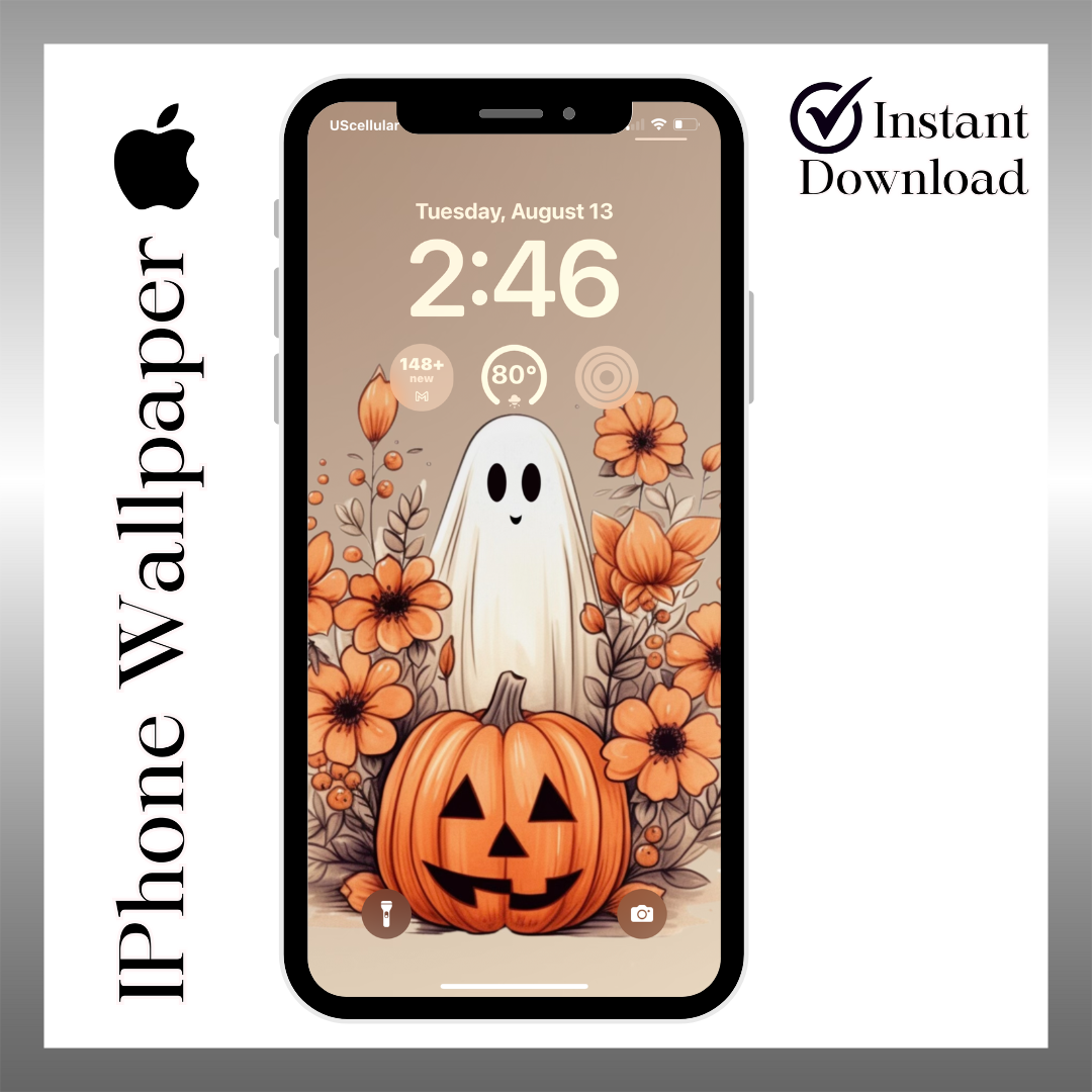 Vintage pumpkin & ghost, iPhone wallpaper iPhone lock screen art digital download