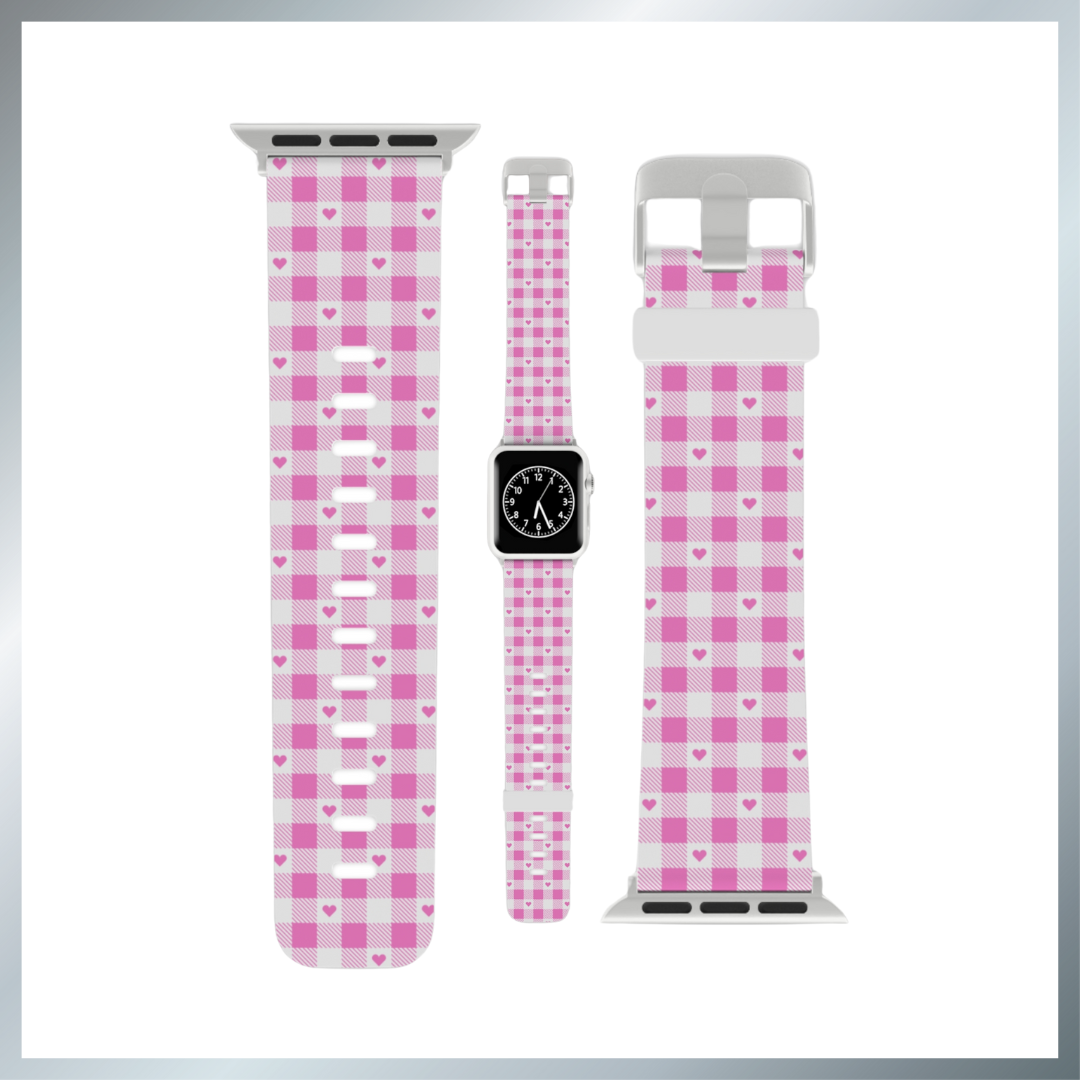 Pink plaid Hearts Watch Band for Apple Watch Series 1-9, SE and Ultra, 38-40mm/ 42-44mm