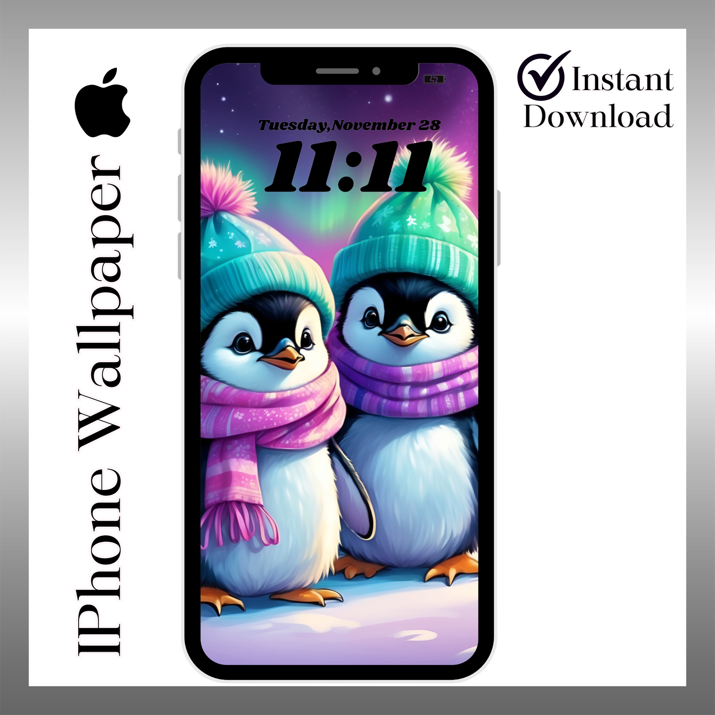 IPhone wallpaper/ northern lights penguins/ instant download